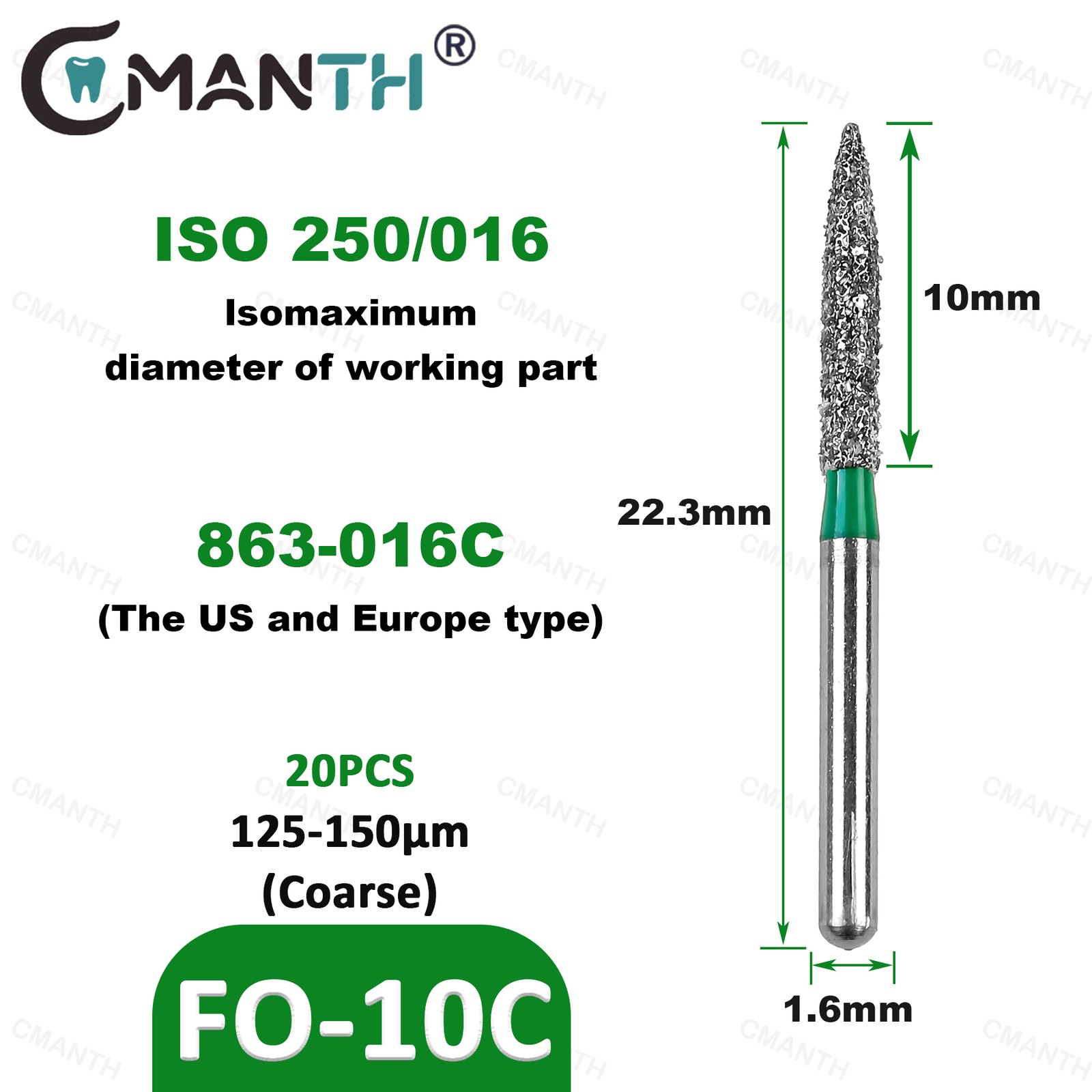 US Dental Diamond Bur Polishing Drill Nail Filing Dia.1.6mm For High Speed 20Pcs