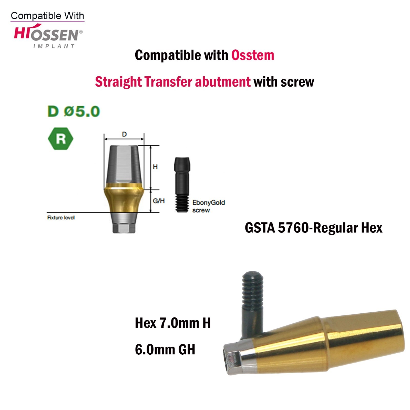 US Straight Transfer Abutment Regular Ø5.0 For Osstem Hiossen Hex 7.0mm Implants