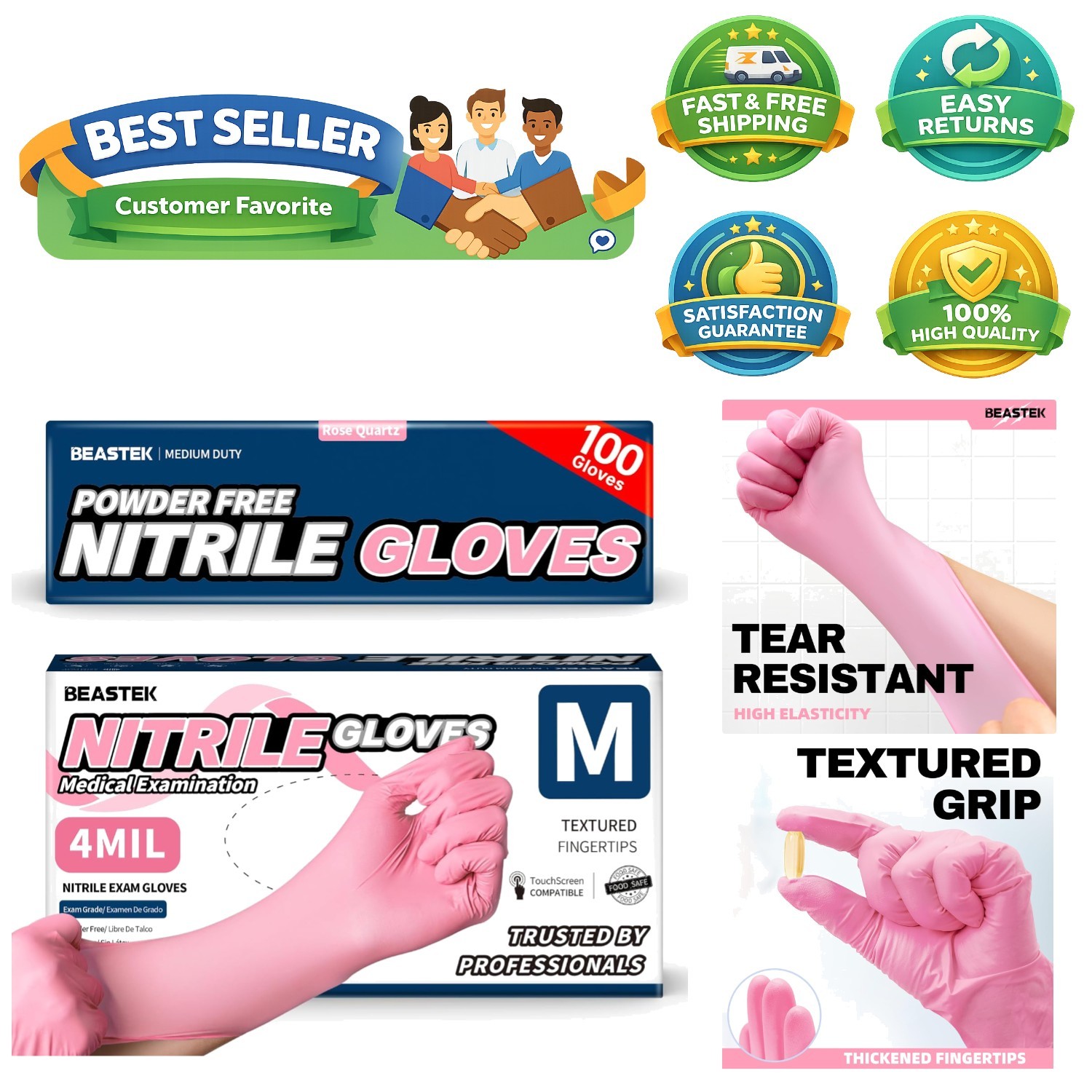 100 Count Nitrile Exam Gloves – Waterproof, Powder-Free, Medium Size Rose Quartz