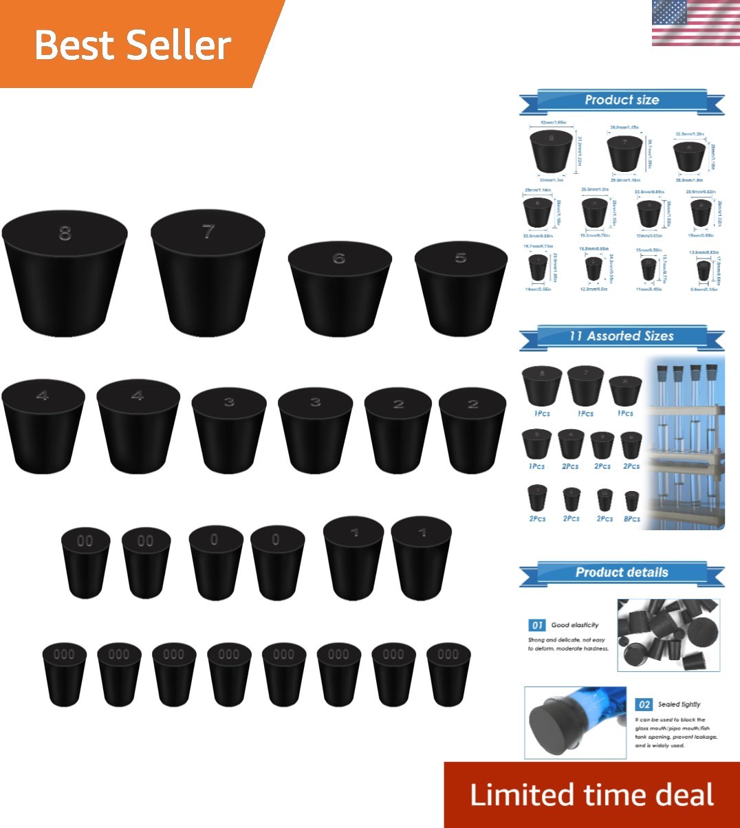 11 Sizes Solid Rubber Stoppers – 24 Packs for Superior Sealing and Versatility