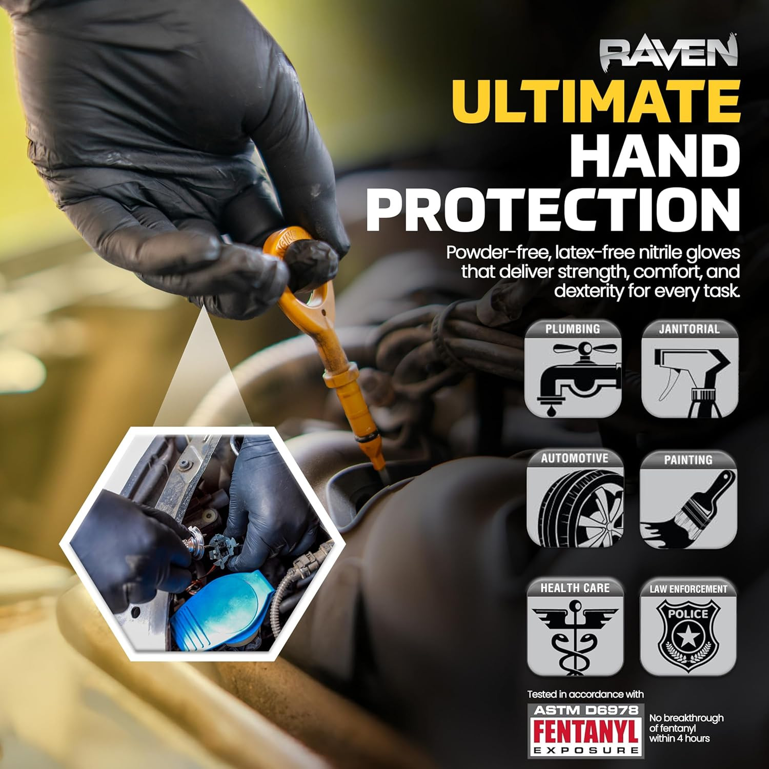 Safety 66520 Raven Powder-Free Disposable Black Nitrile 7 Mil Mil Gloves, XXL ,