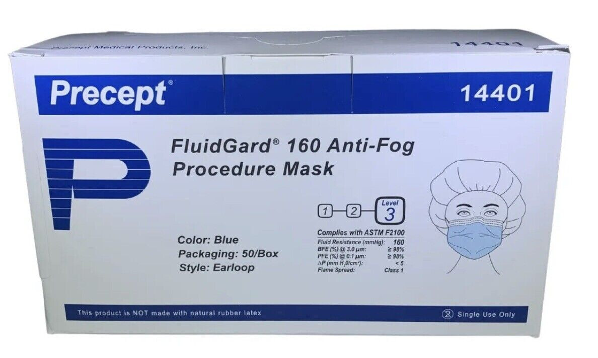 FluidGar Anti-fog Foam Procedure Face Mask ASTM Level 3, Blue, Earloops, #14401