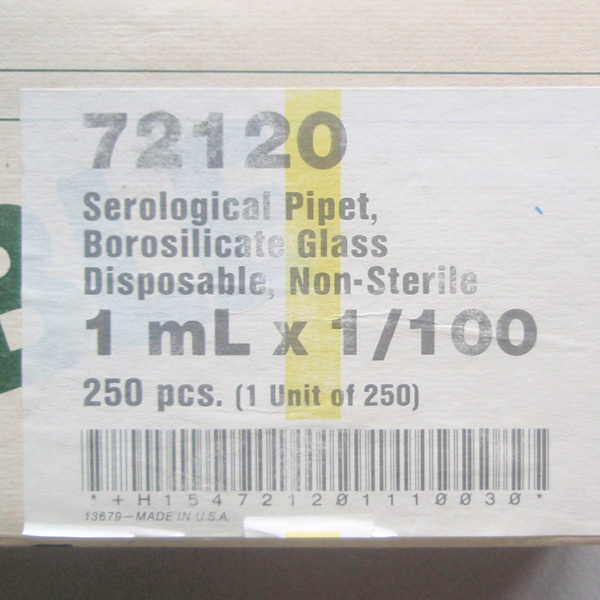250 KIMBLE SEROLOGICAL GLASS PIPETS 1X1/100mL 72120-11100 DISPOSABLE