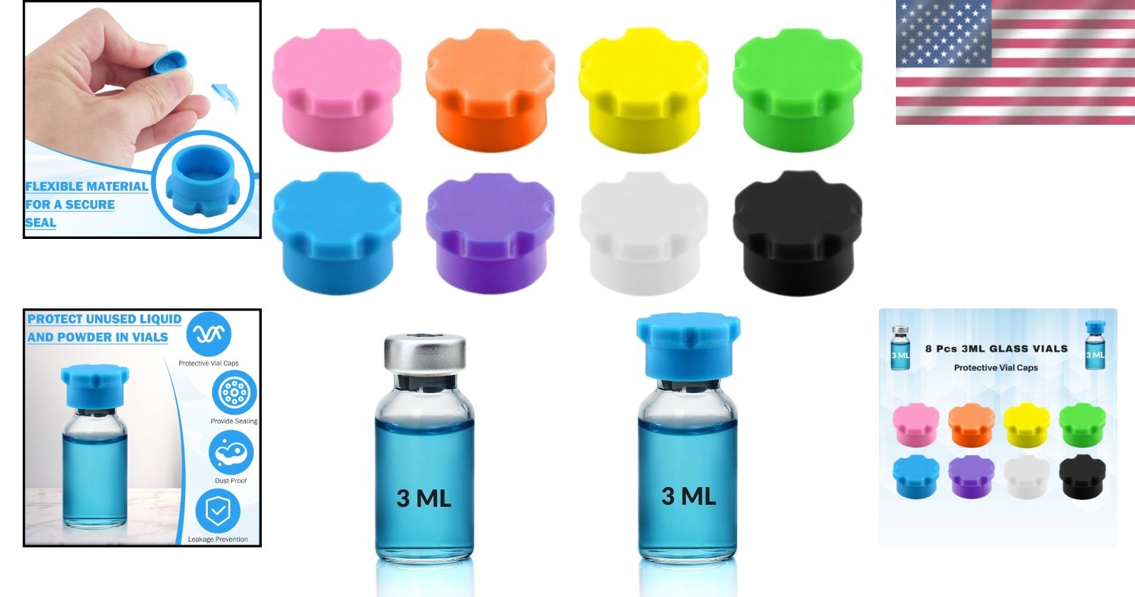 8-Pack 3ml Silicone Vial Caps – Compatible with 1ml, 2ml, and 3ml Vials