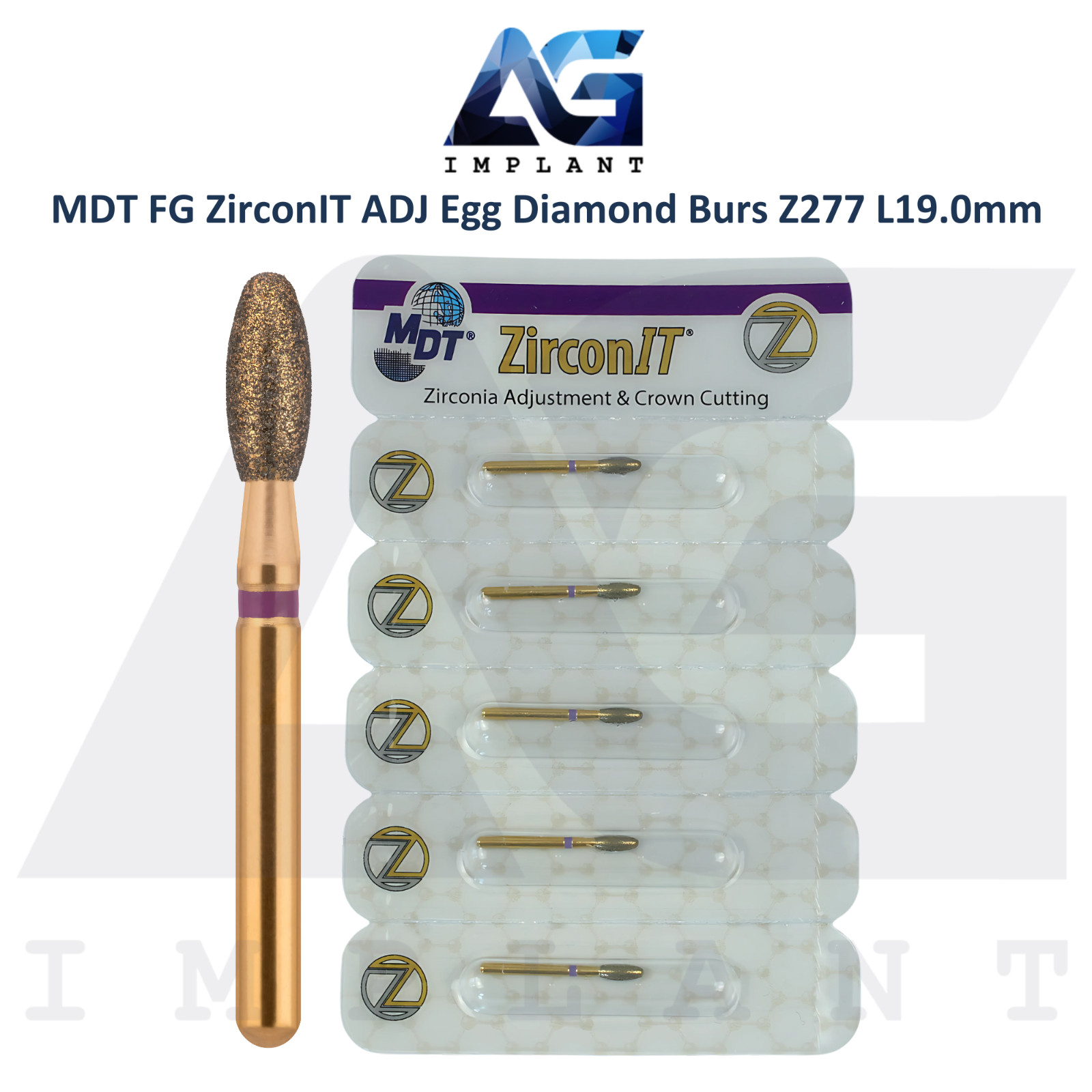 MDT Dental FG ZirconIT ADJ Egg Diamond Coated Bur Z277 L19.0mm Ø2.3mmX4.5mm