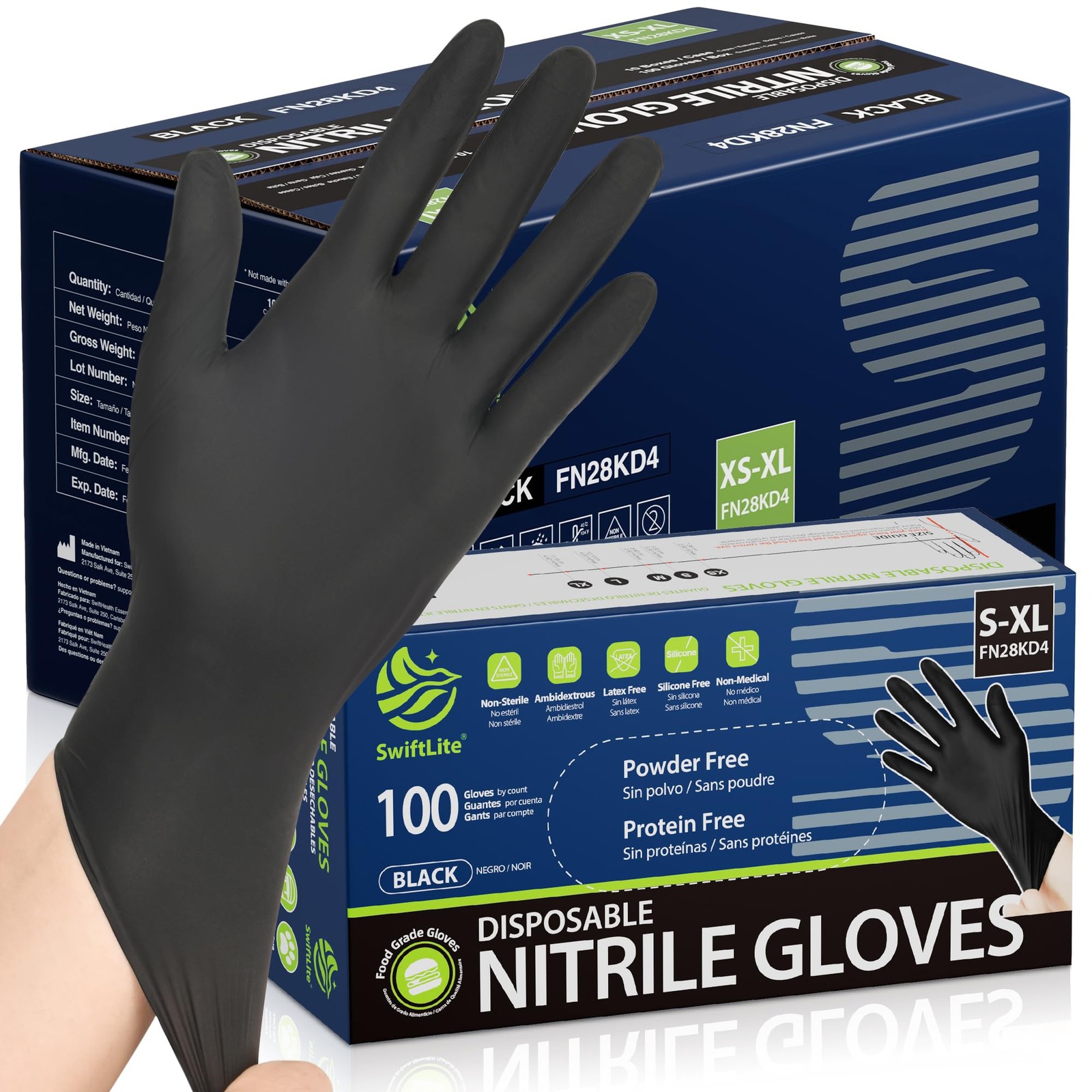 SWIFTLITE Nitrile Gloves, Disposable Black X-Large, 12-black(x-large 1000)