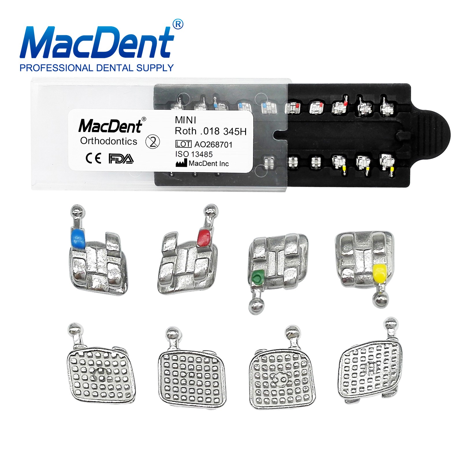 MacDent Dental Orthodontic Metal Brackets Monoblock MIM MBT/ROTH 022/018 345H