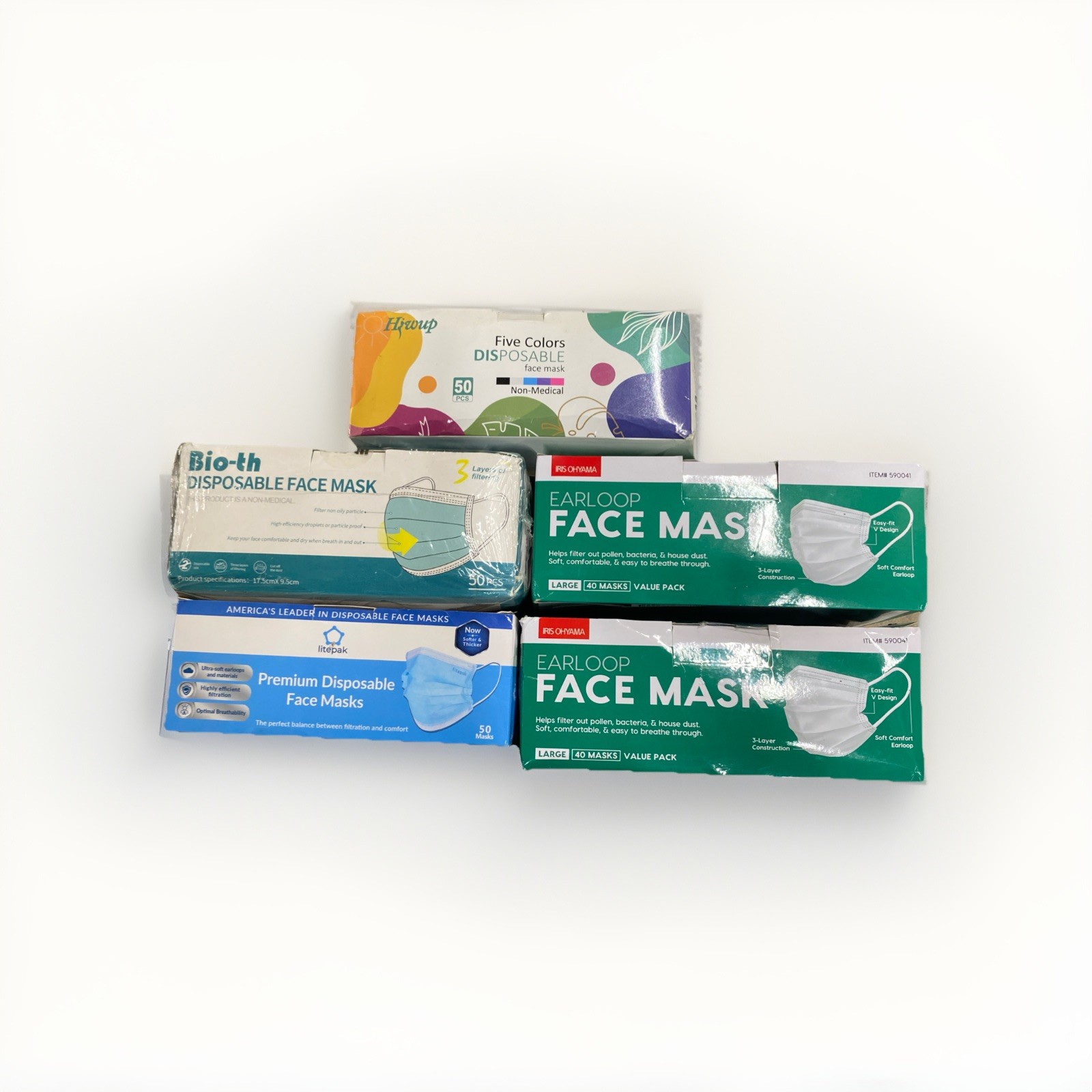5 boxes of 230 disposable face masks, Some Damaged/opened boxes Or Multicolor