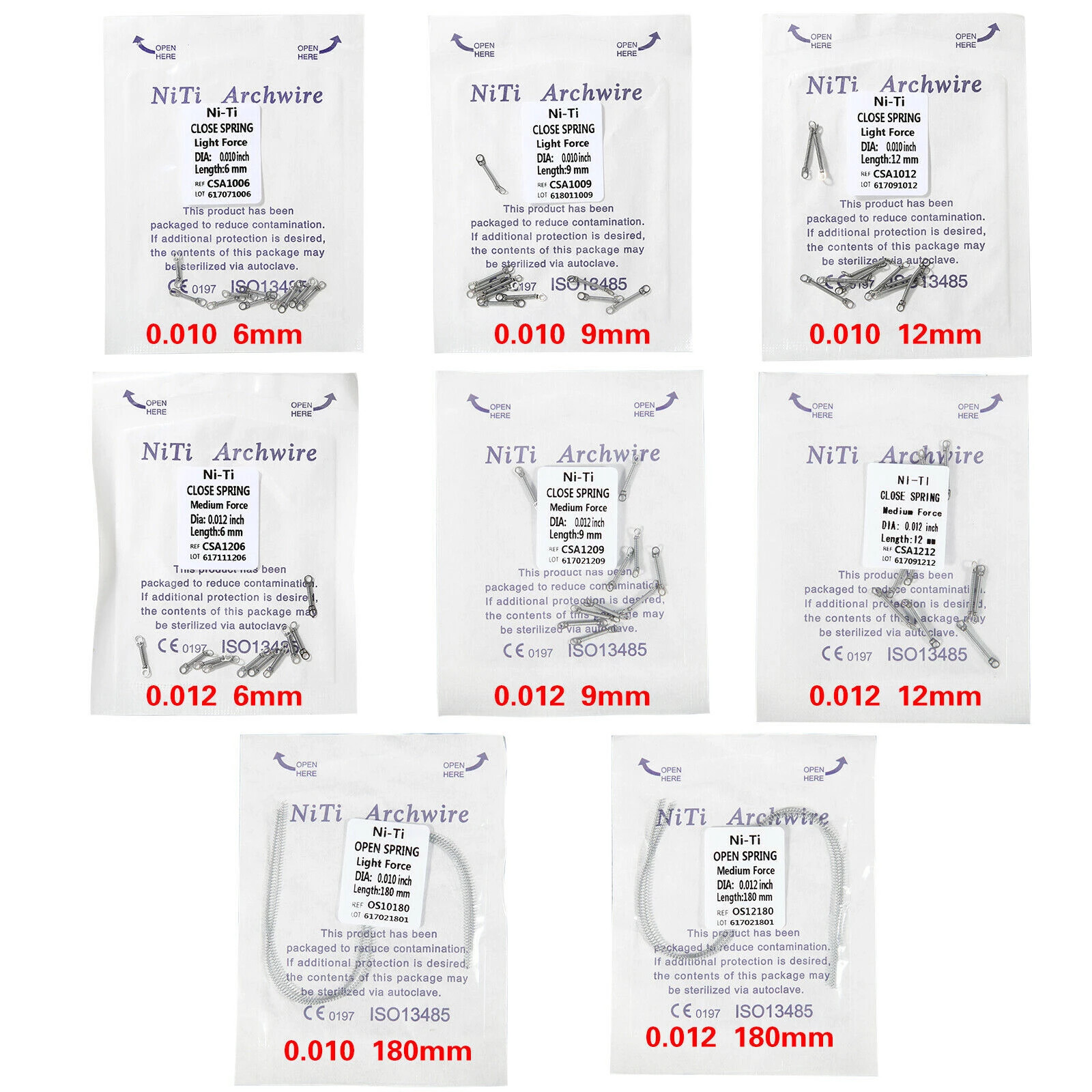 Dental Orthodontic Niti Closed Coil Spring Fixed Arch Wires 0.012/0.010 6/9/12mm