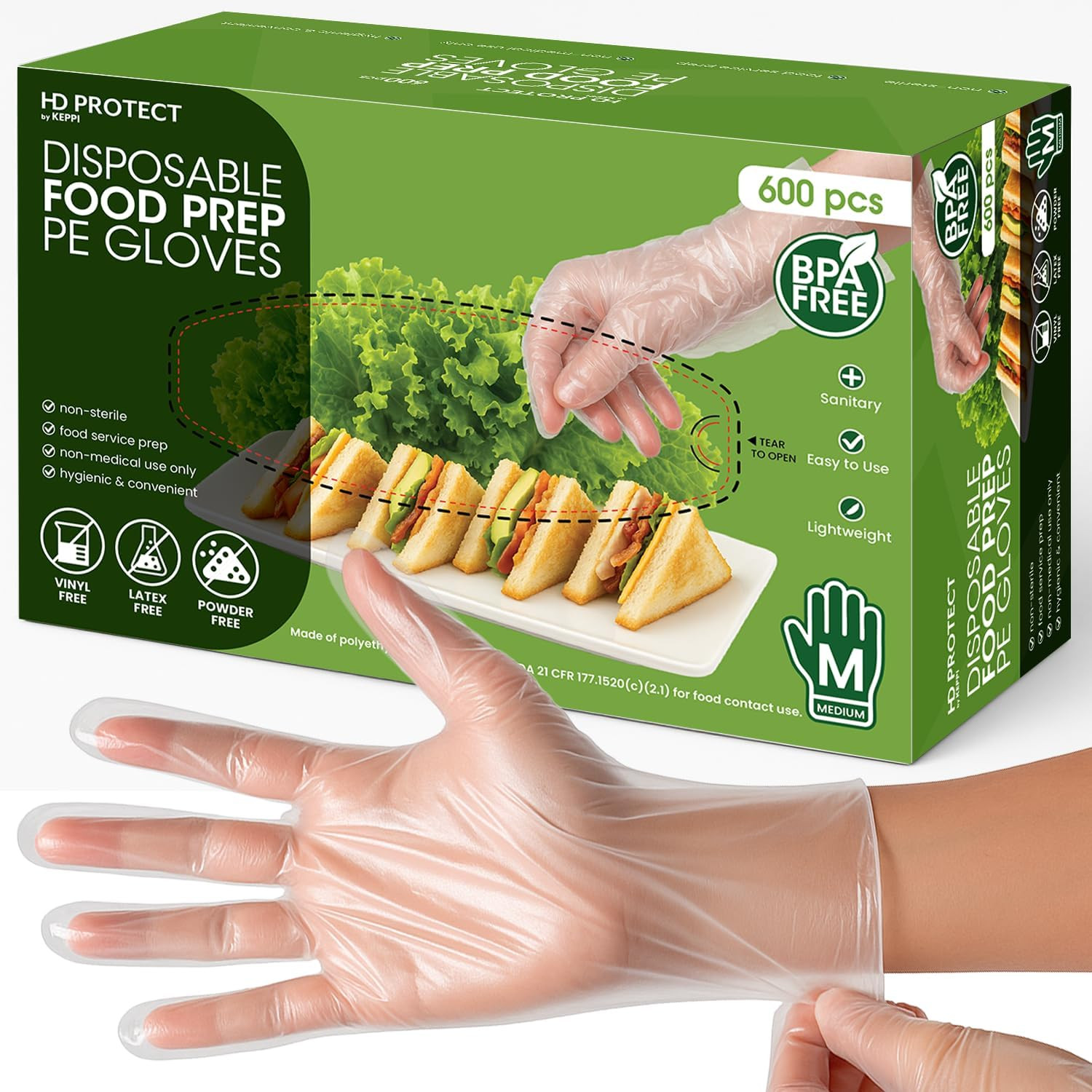 600 Pack Disposable Gloves Medium – Clear HDPE Plastic, Food Safe, Latex-Free, B