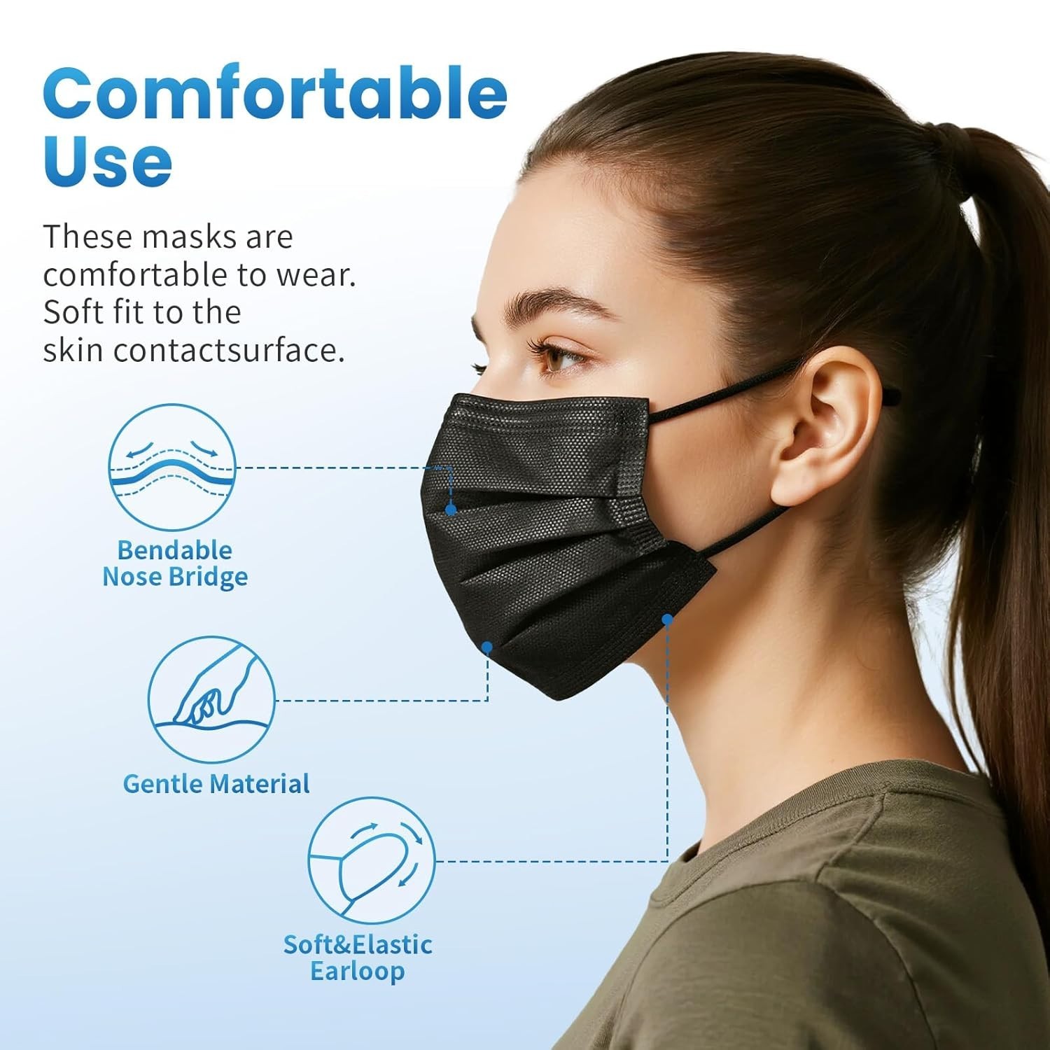 Comfortable Disposable Face Masks – 100 Pcs Black 3 Ply Protection for Everyday