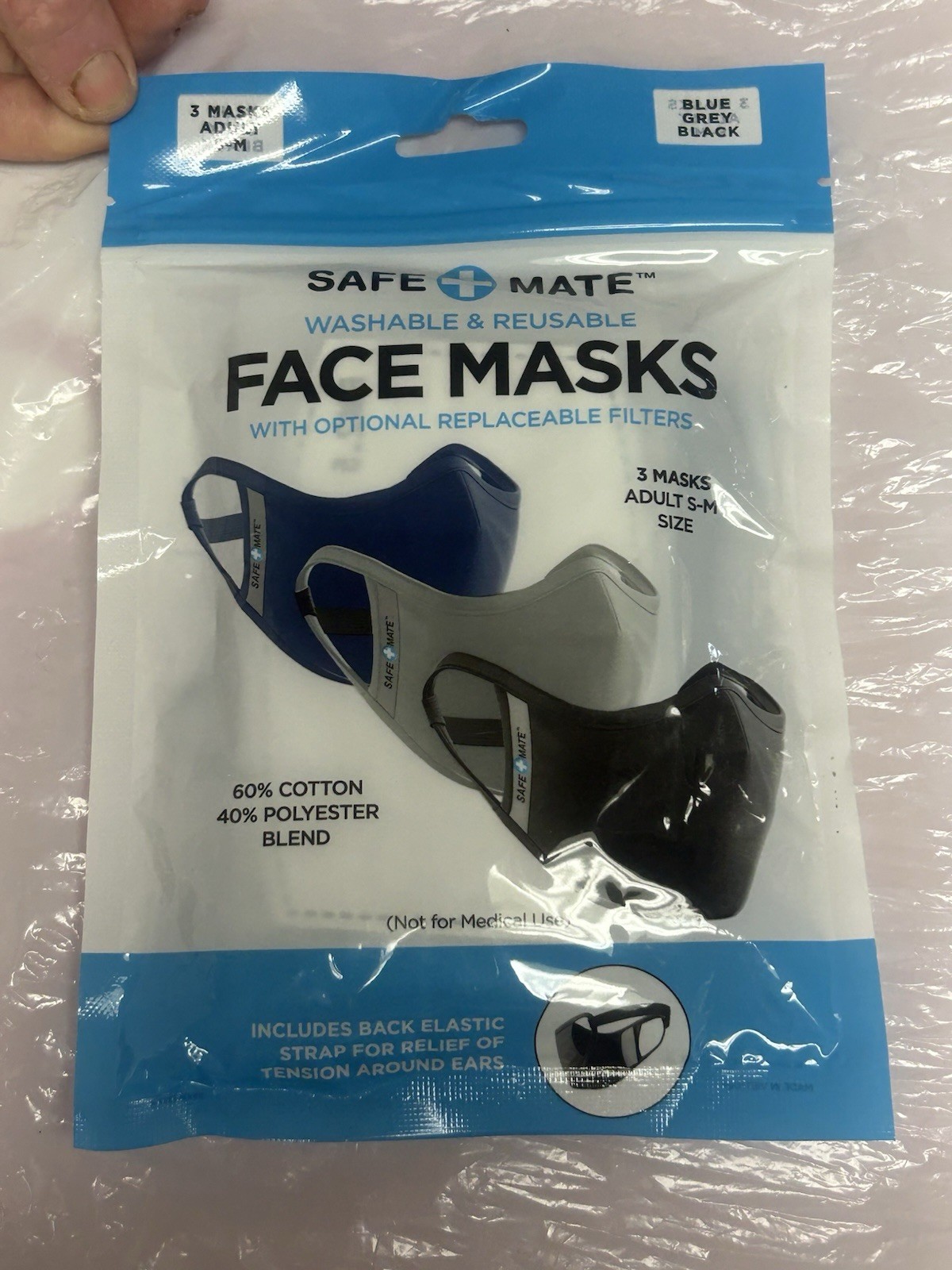 Safe+Mate Washable Reusable Cloth Face Masks 3 Pack w/ Filters Adult S/M