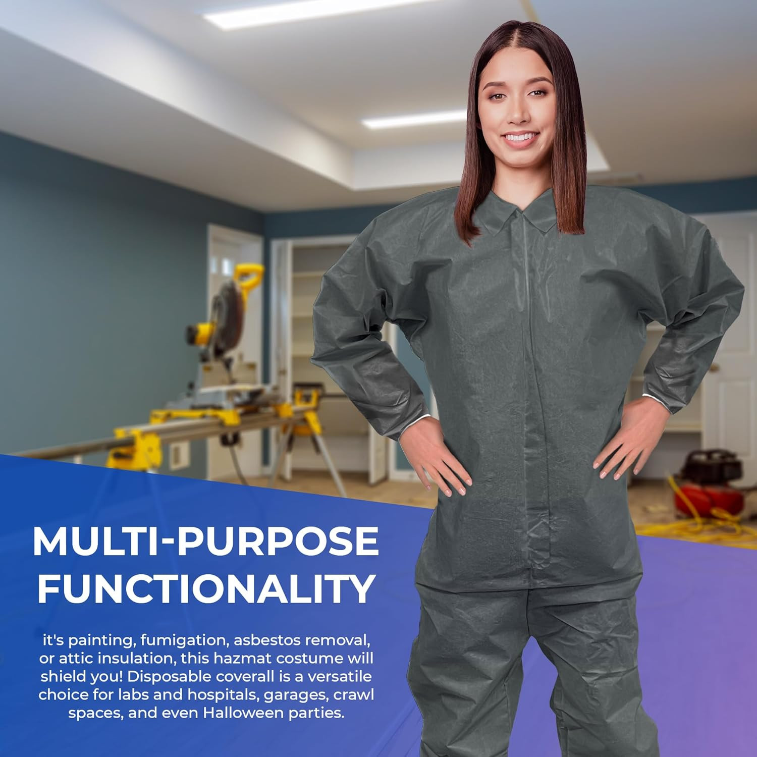 Disposable Polypropylene Coveralls, 2X-Large, Gray, 5 Pack, 50 GSM Nonwoven Pain