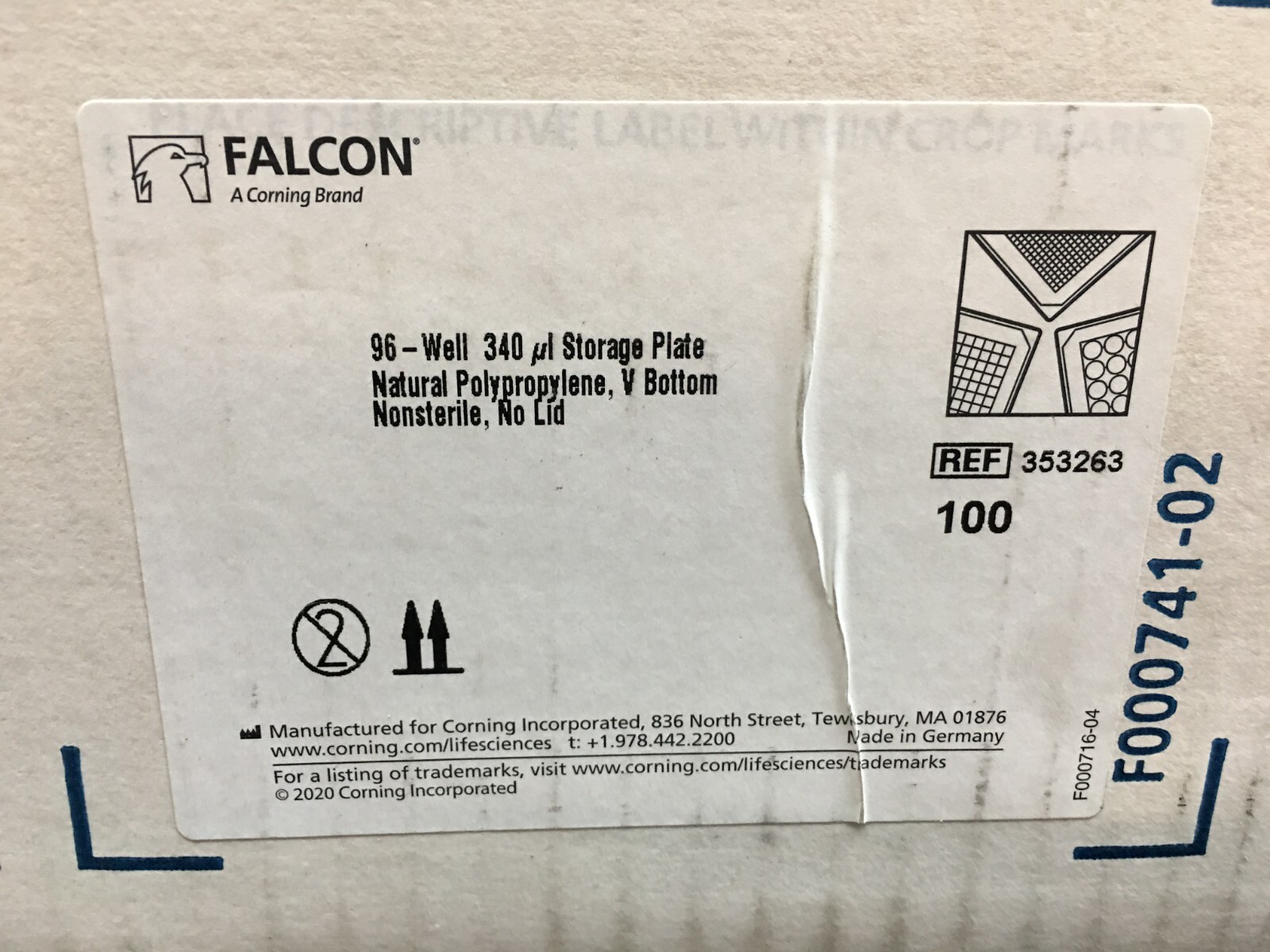 Corning Falcon REF 353263 96-well Clear V-Bottom Storage Microplate 340uL Case