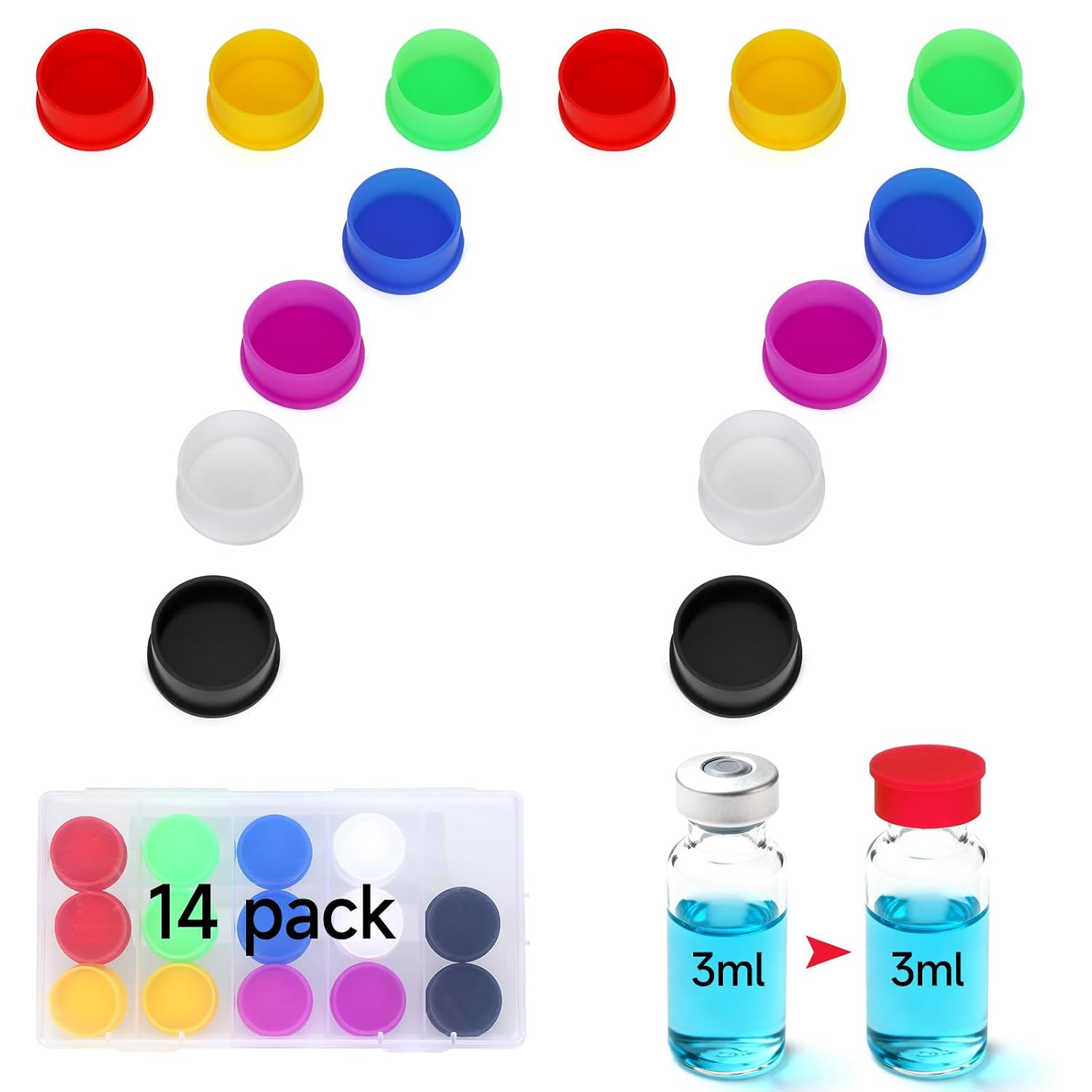 14Pack 3Ml Vial Caps (7 Colors) Peptide Caps for 1Ml 2Ml 3Ml 4Ml Glass Vials Pep