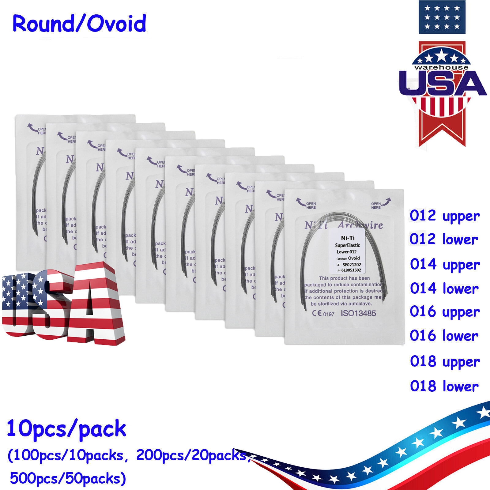10 bags Dental Orthodontic Super Elastic Arch Wire NiTi Round Ovoid Form Mixed