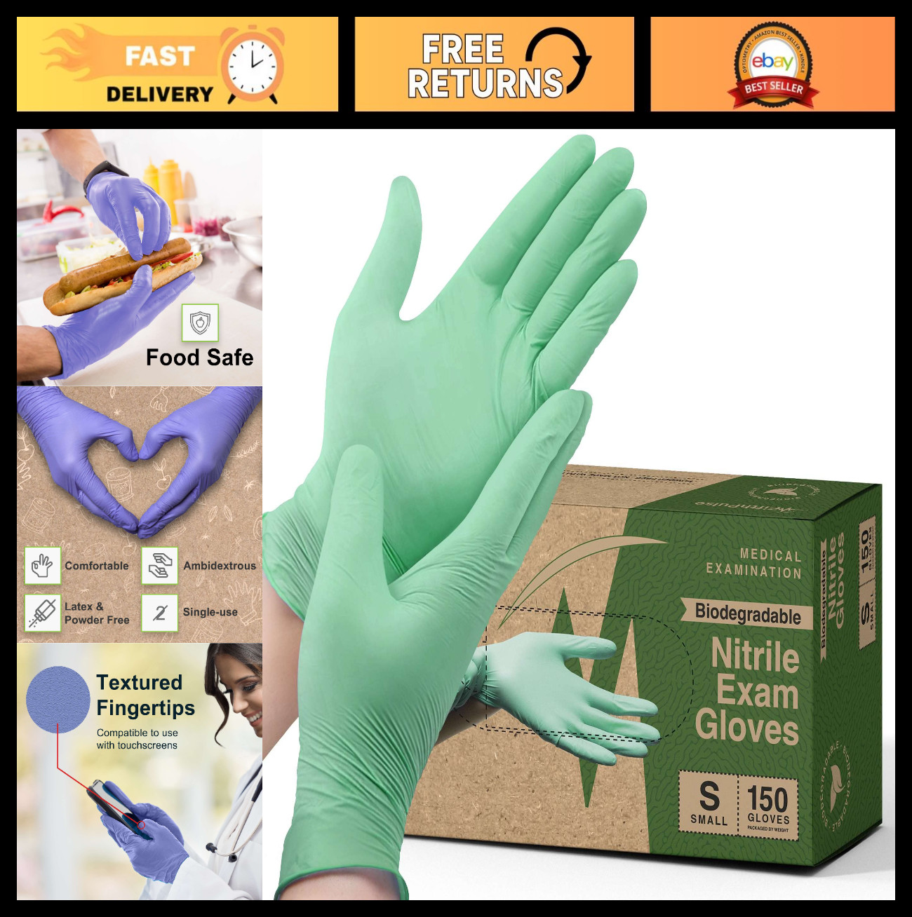 Biodegradable Disposable Nitrile Gloves 150 Count – Green Food Safe, Latex Free