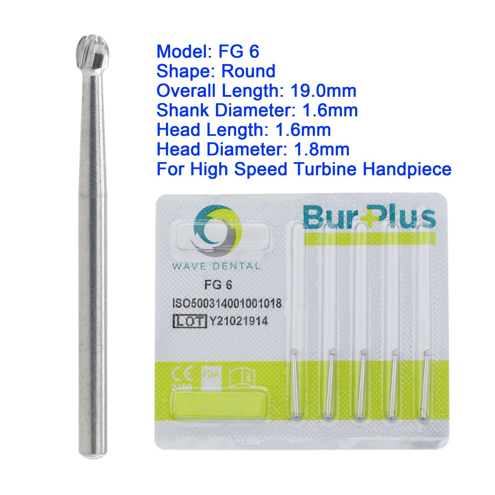 Wave Dental Round Carbide Burs High Speed Ball Burr 19mm FG 1/4 2 4 6 7 8 Prima