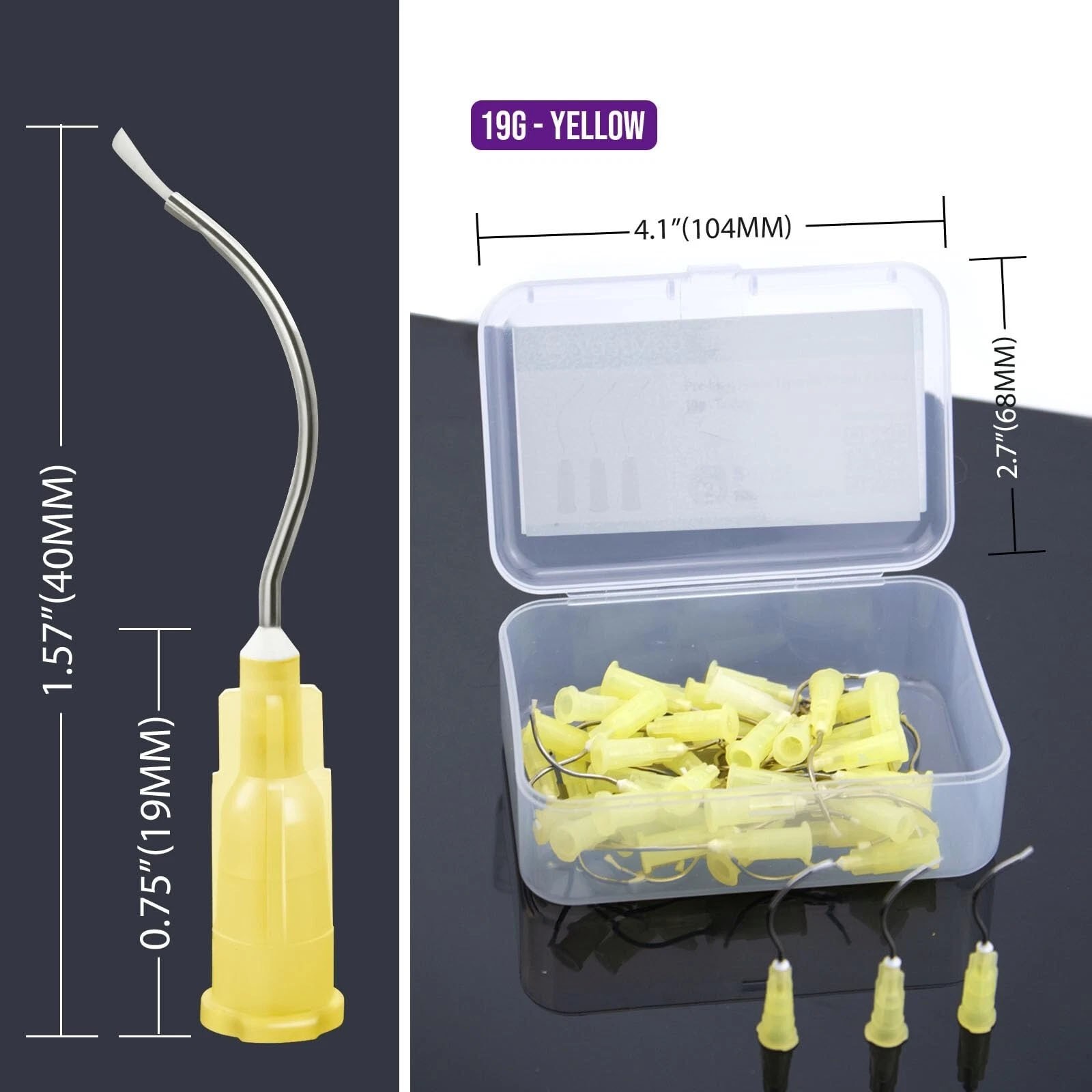 100Pcs Dental Disposable metal infusor yellow tip Pre-Bent w/ brush padded 19G