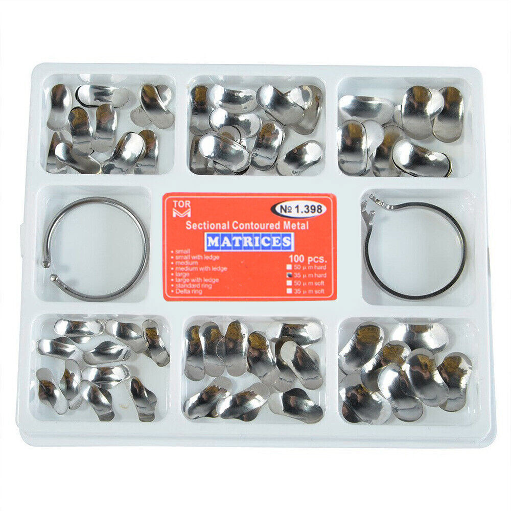 5 Boxes Dental Sectional Contoured Matrices Metal Matrix Kit 35 μm Hard +2 Rings