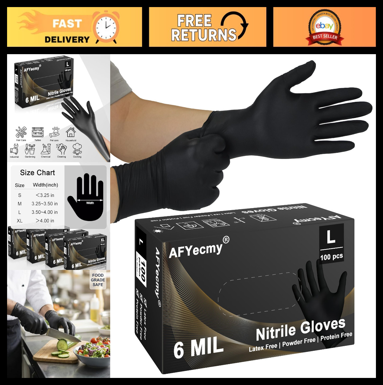 Heavy Duty Disposable Nitrile Gloves, 6 Mil, Chemical Resistant, Food Safe, 100