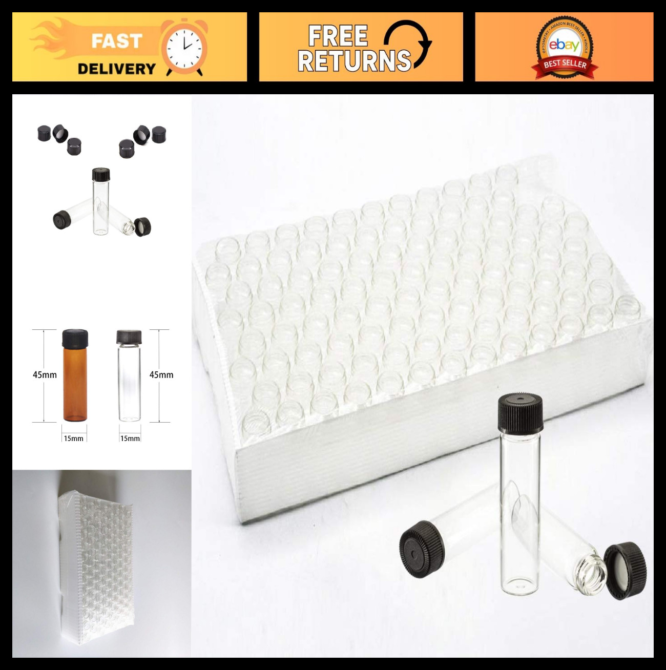 100 Clear Glass Vials 4ml with Black Screw Caps – Perfect for Crafts, Samples, S