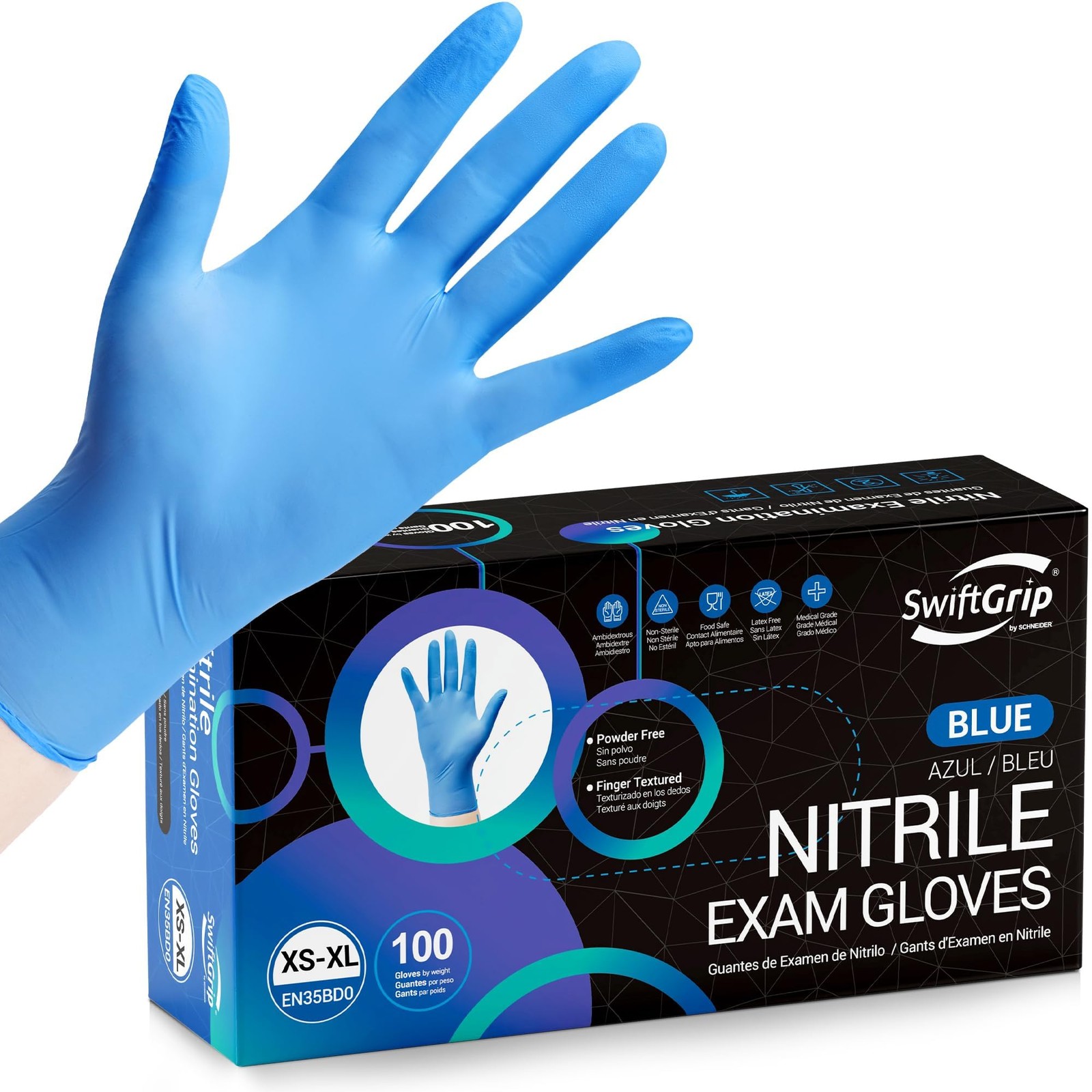 SwiftGrip Blue Nitrile Exam Gloves, Powder Free, 100 ct, XL