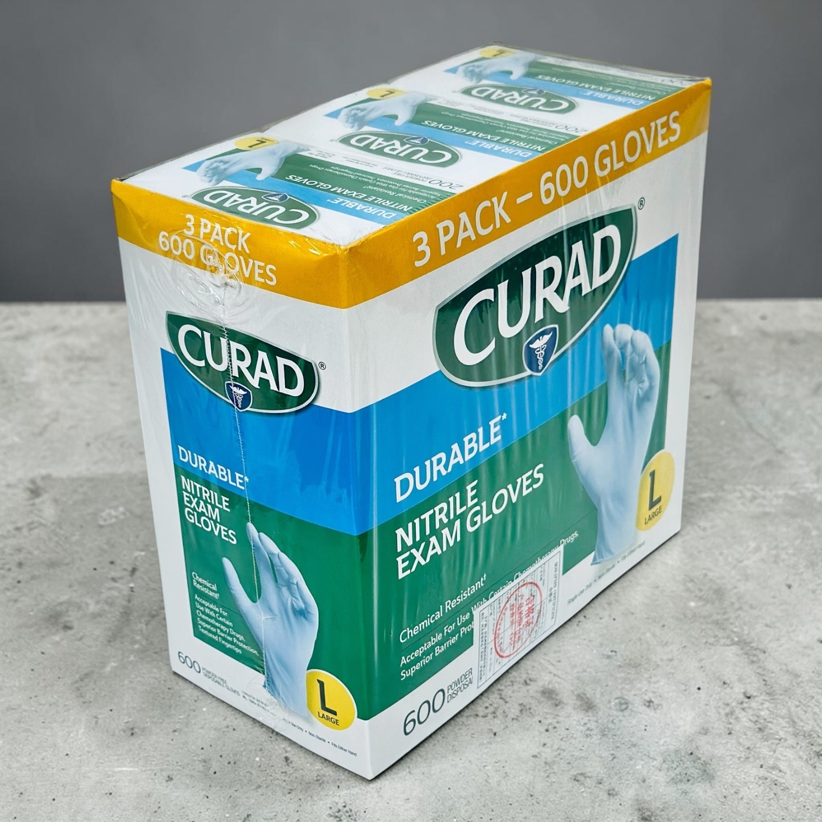 CURAD Durable Nitrile Exam Gloves, Large, 600 Count (3 boxes x 200 ct)