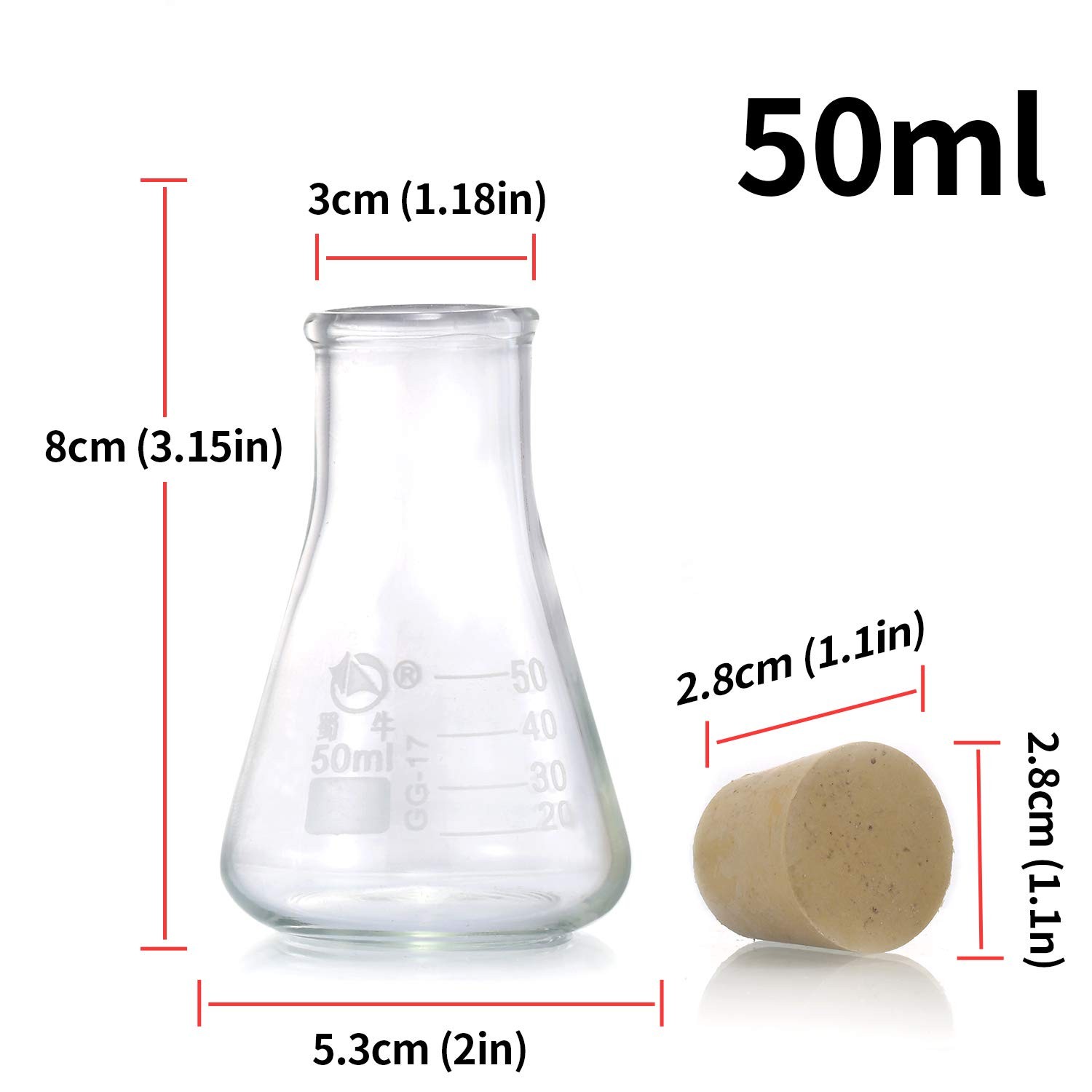 Erlenmeyer Flask Set: 250ml, 150ml, 50ml Borosilicate Glass with Stoppers & S…