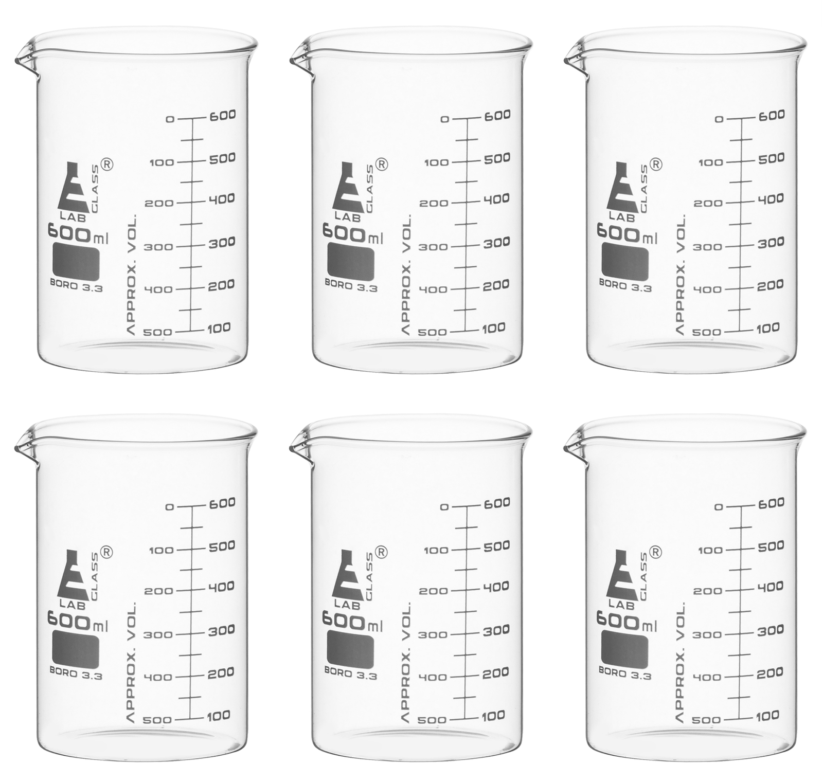 Eisco Labs 600ml Low Form Beakers, ASTM – Borosilicate Glass – 6 Pack