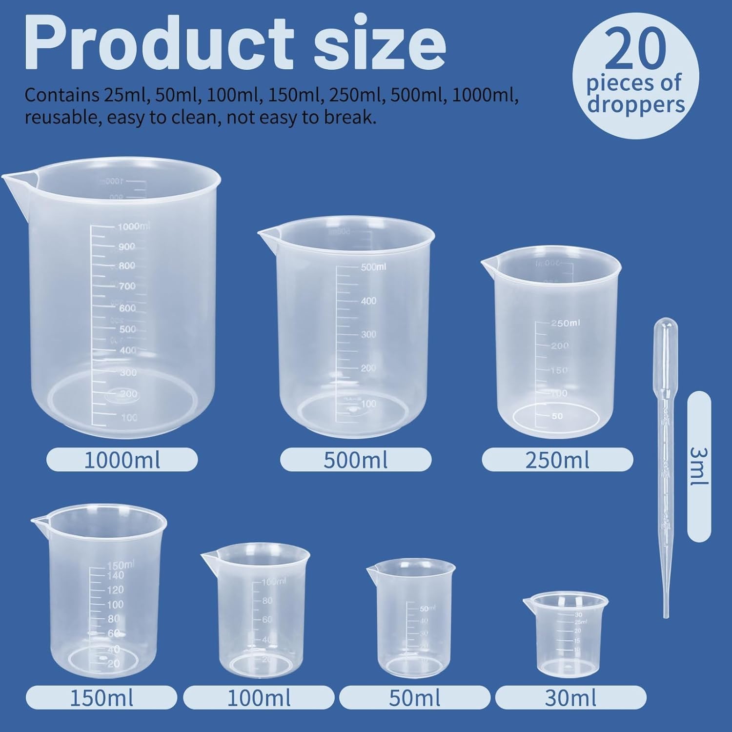Versatile 7-Piece Clear Measuring Beaker Set (30ml-1000ml) with 20 3ml Droppers