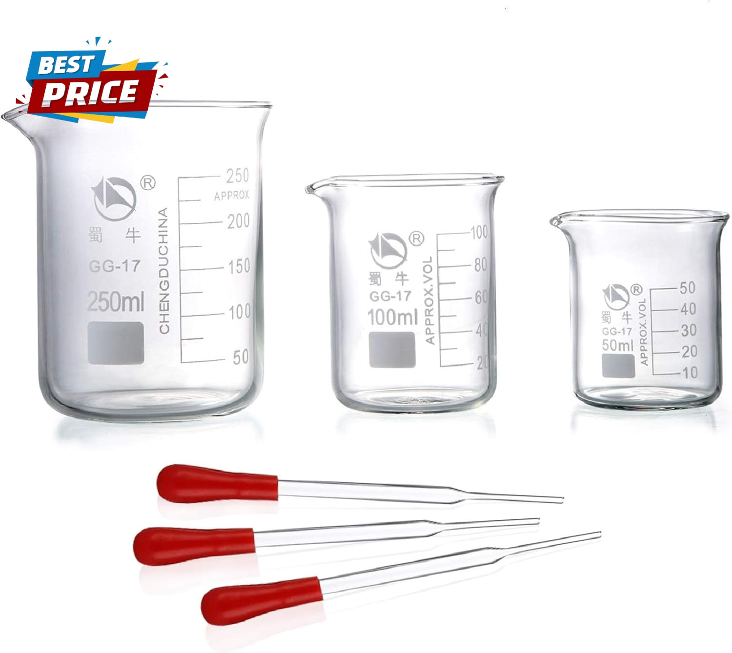 Glass Beakers, Pack of 6 Low Form Measuring & Droppers Set, 3 Graduated Griffin