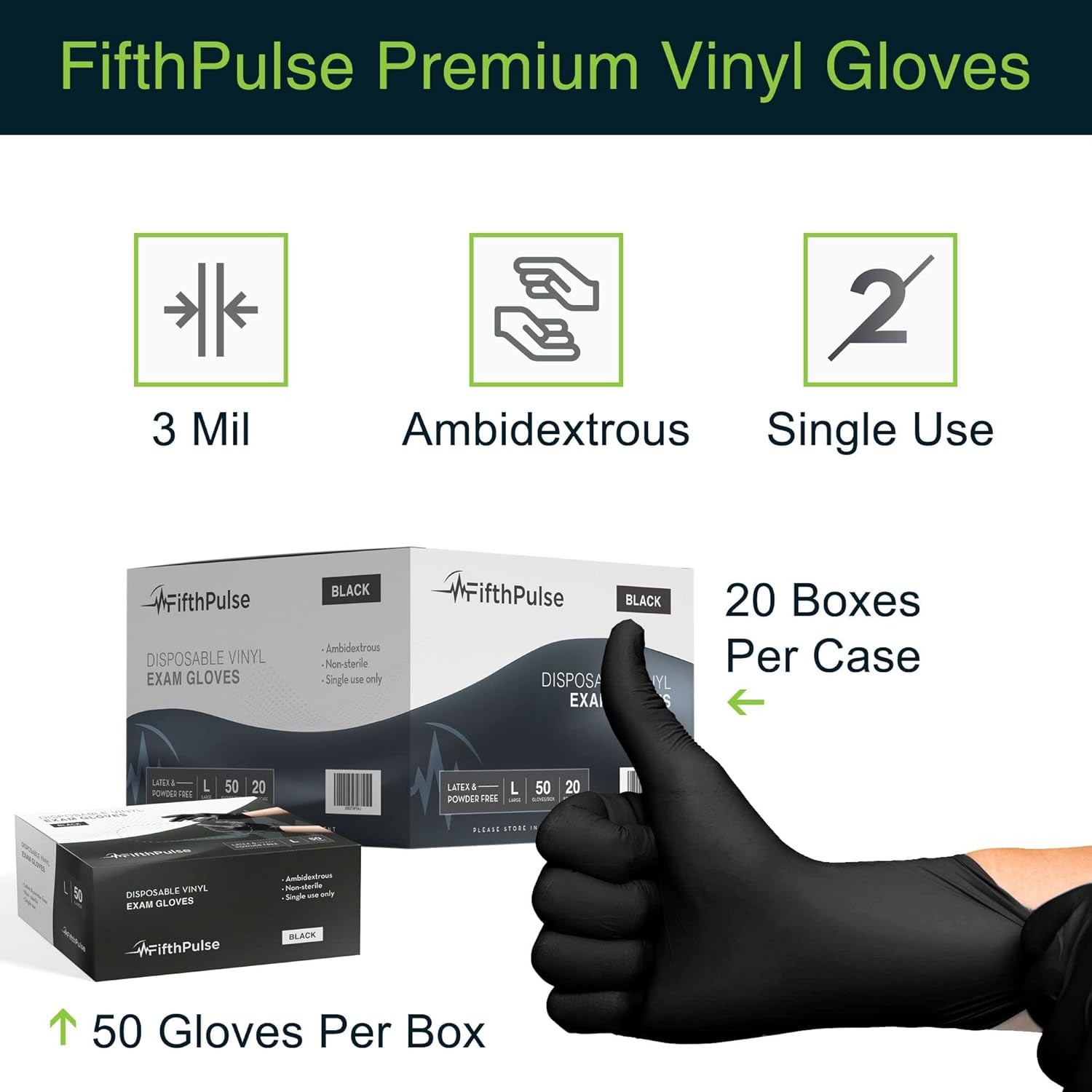 LARGE – Black Vinyl Disposable Gloves – Powder and Latex Free Medical Exam 50PCS