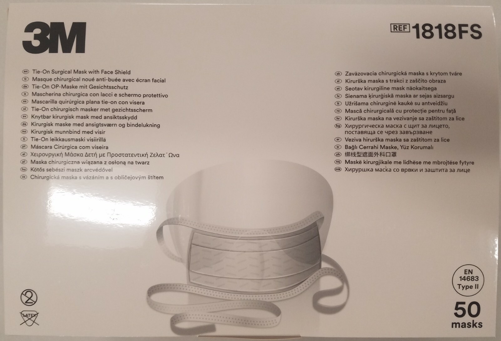 *50-Pieces* 3M Tie-On Surgical Mask EN14683 Type II With Face Shield Blue 1818FS