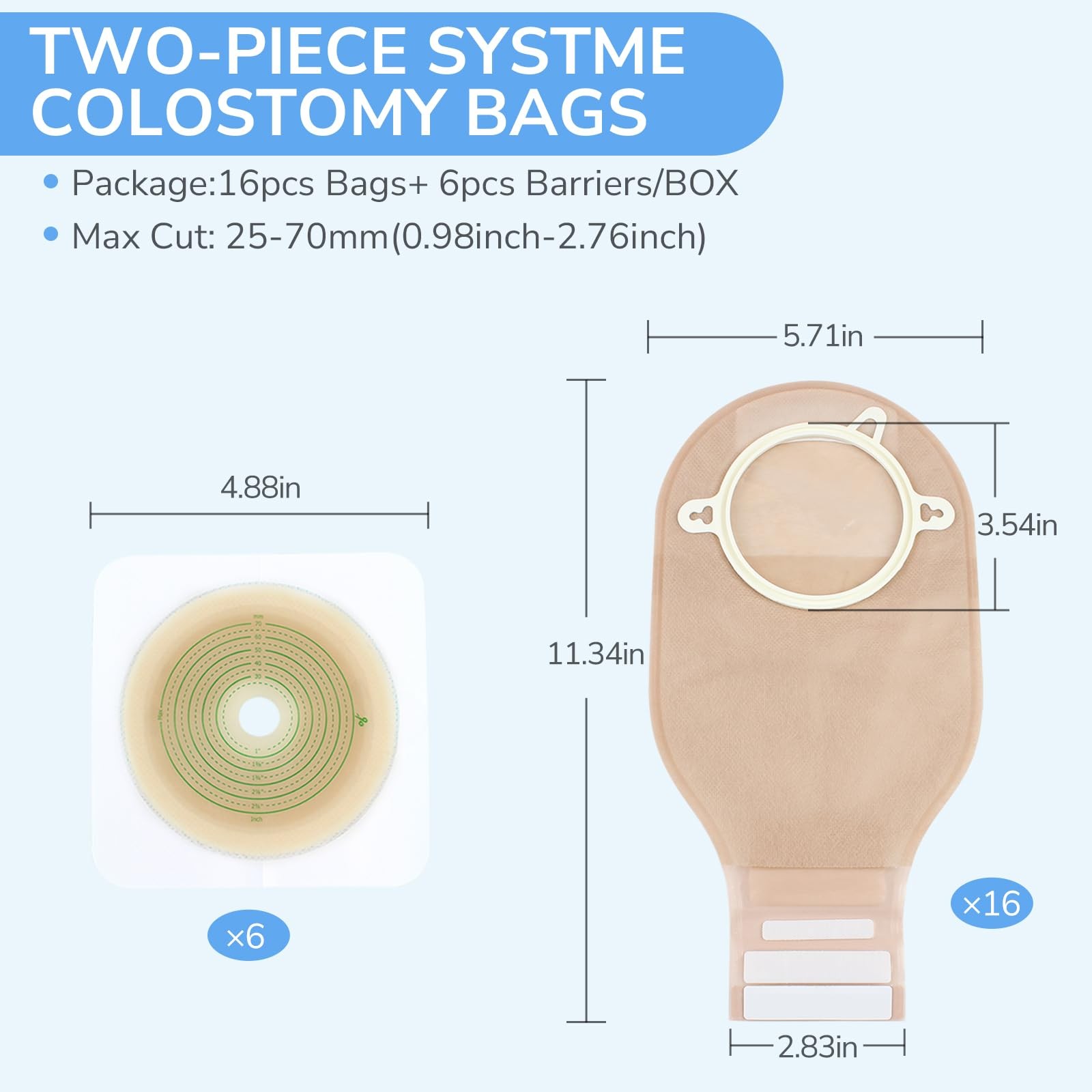 Heagimed 22pcs Ostomy 16 Pack Two-Piece Colostomy Bags with 6 Barrier, Brown