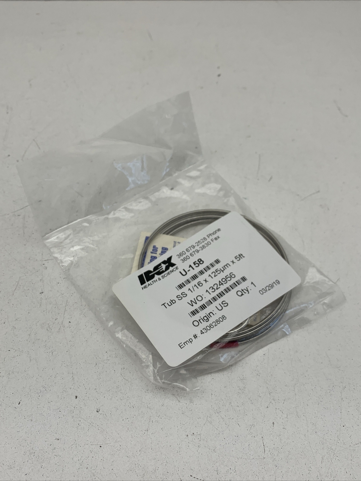 Idex U-158 Chromatography Tubing, 316 SS, 1/16″ OD x 125µm x 5 ft L, Red Band