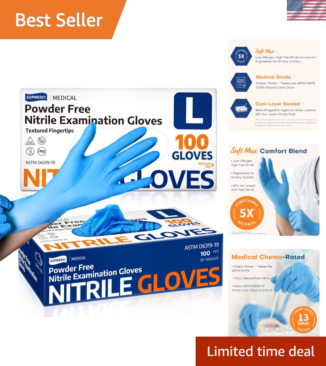 100 Pack Powder-Free Nitrile Gloves – Medical-Grade, Blue, Waterproof & Durable