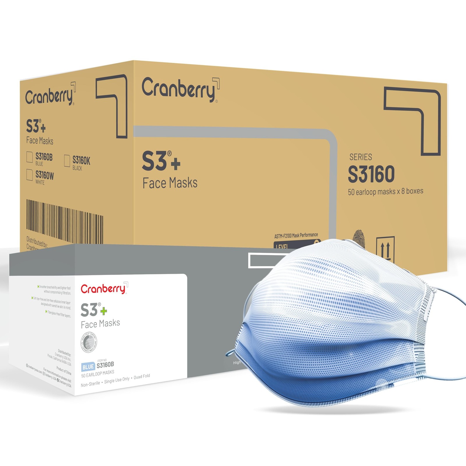 Cranberry USA Cranberry S3160Bcase S3+ Earloop Face Mask, 3-Ply, Disposable, …