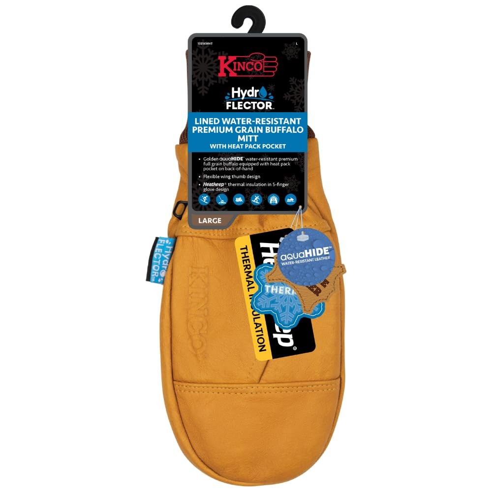 Kinco Hydroflector Lined Water-Resistant Premium Grain Buffalo Mitt Heat Pack
