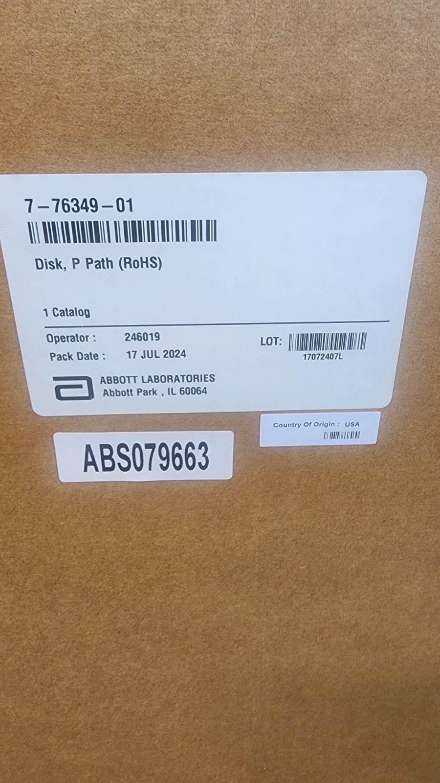 Abbott Labs Reagent Disk, P. Path 1 Catalog Box Size 34″x34″x2″ PN 7-76349-01