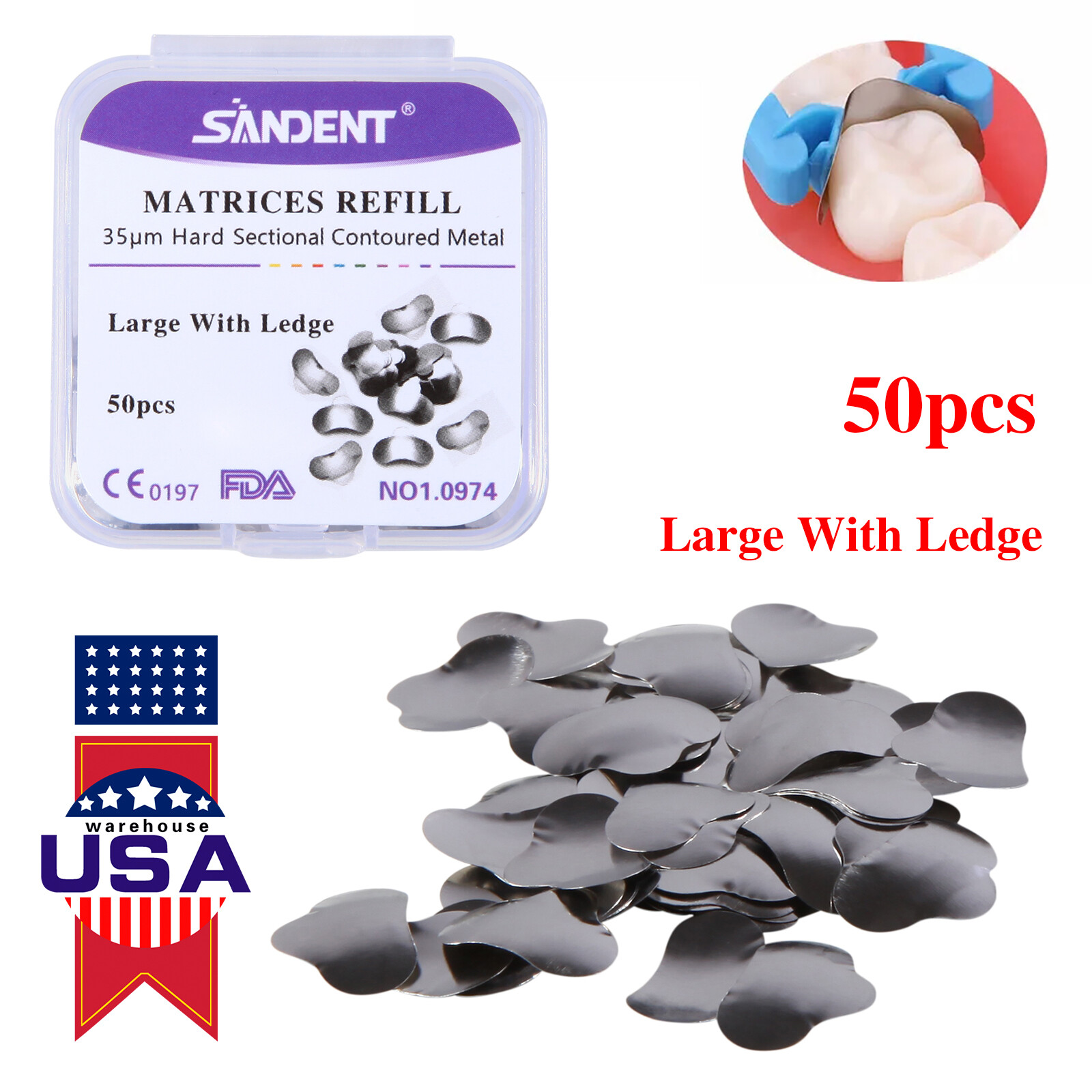 50X Dental Metal Matrices Sectional Contoured Matrix Refill with Ledge Large ty