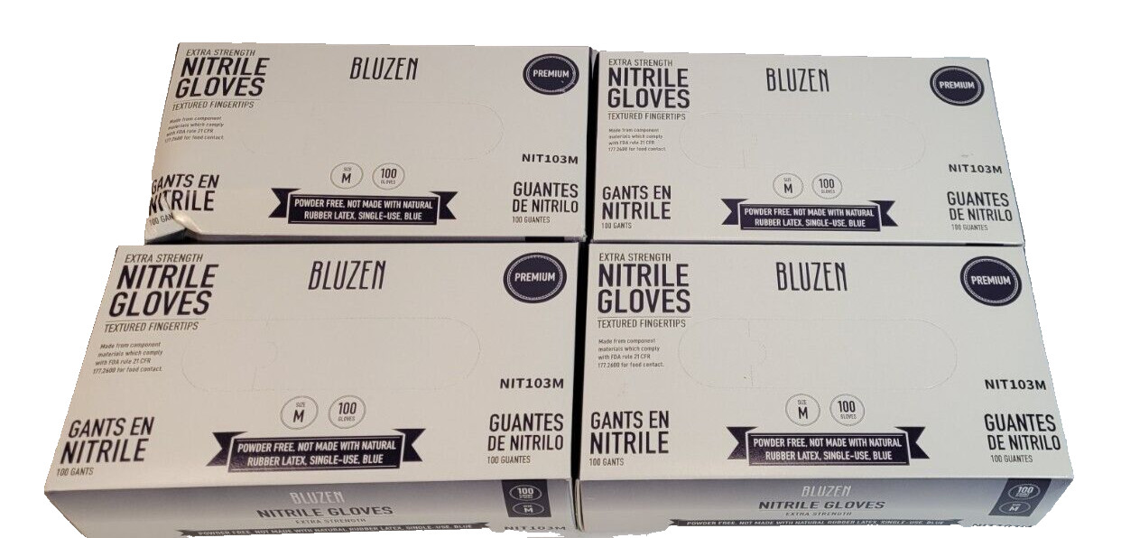 LOT OF 4 BLUZEN Extra-Strength Nitrile Gloves SIZE M (nit103m) 400 GLOVES BLUE