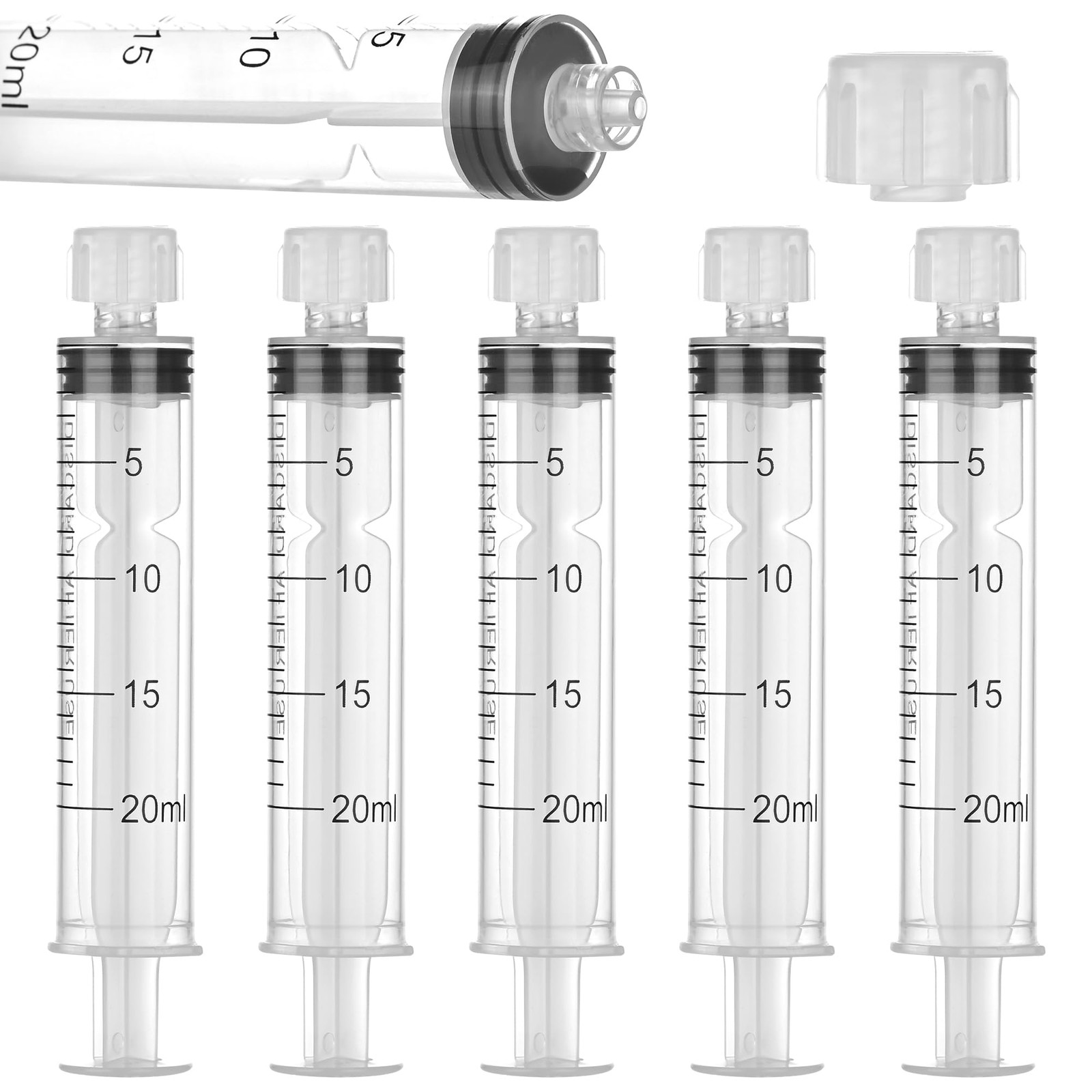 20 Pack 20ml/cc Luer Lock Syringe with Caps, Plastic without clear