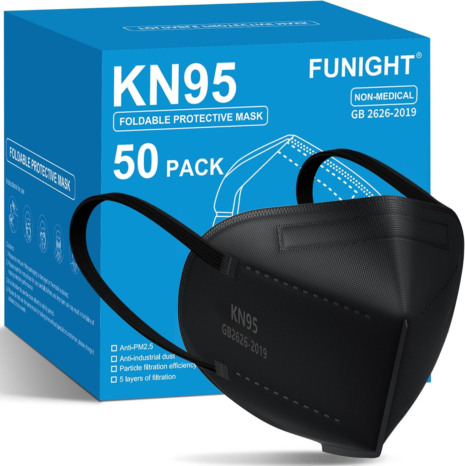 Funight KN95 Face Masks 50 Pack 1 Count (Pack of 50), Adult-50 Pack-black