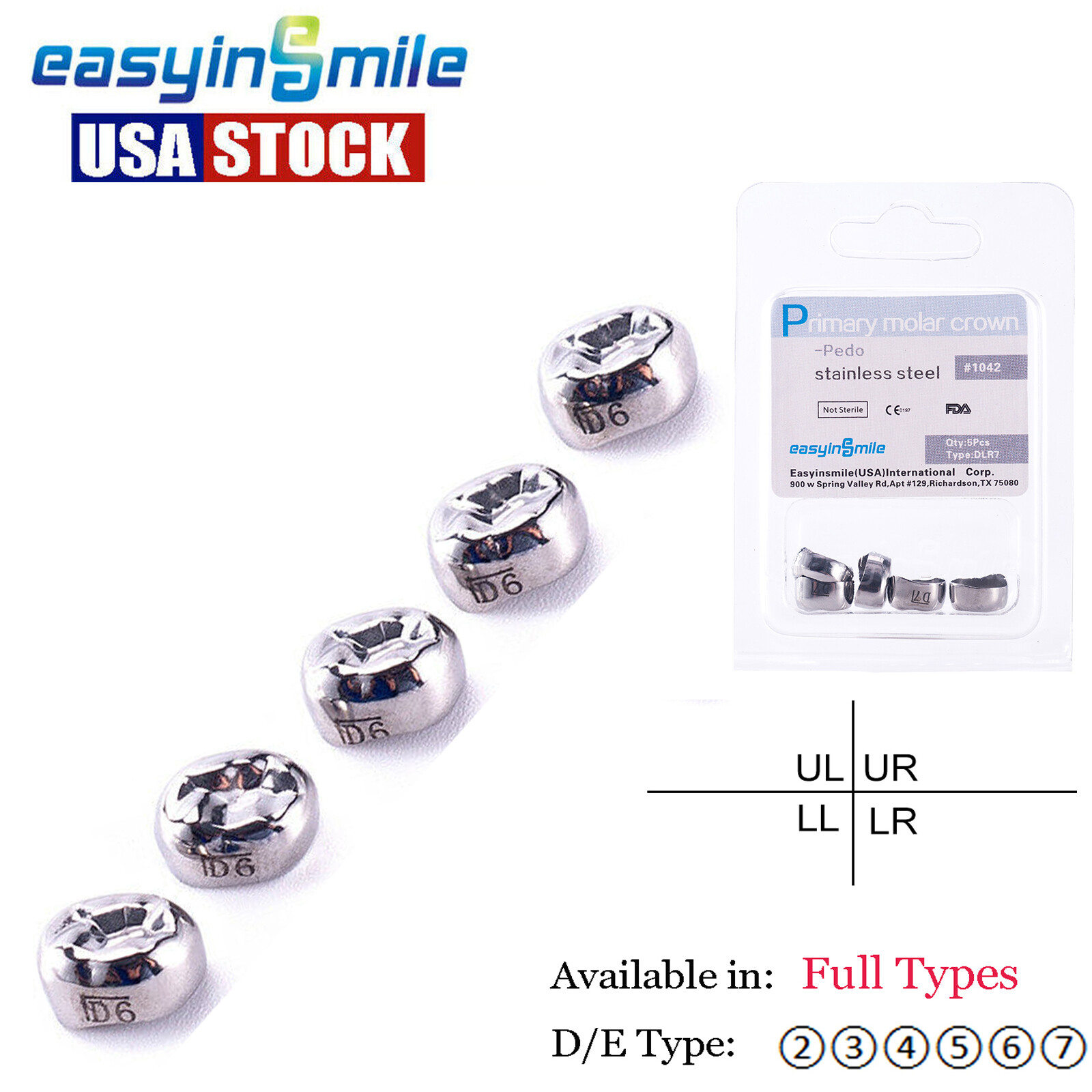 Dental Kids Crown Stainless Steel Primary Molar Restoration DUL2-DUL7 EUR2-EUR7