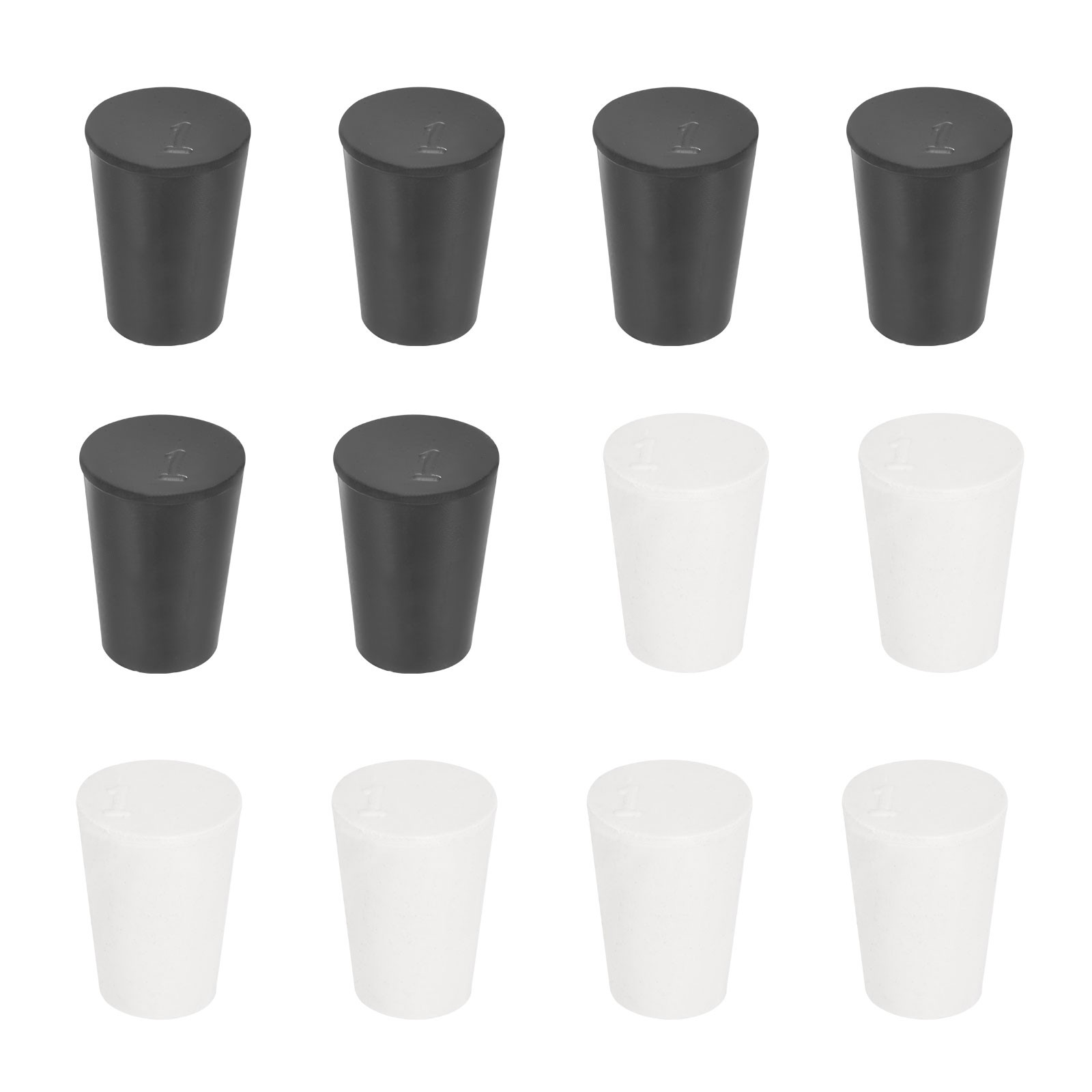 12 Pcs Solid Rubber Stopper Size 1#-19mm x 14mm – 26mm Long, Black/White