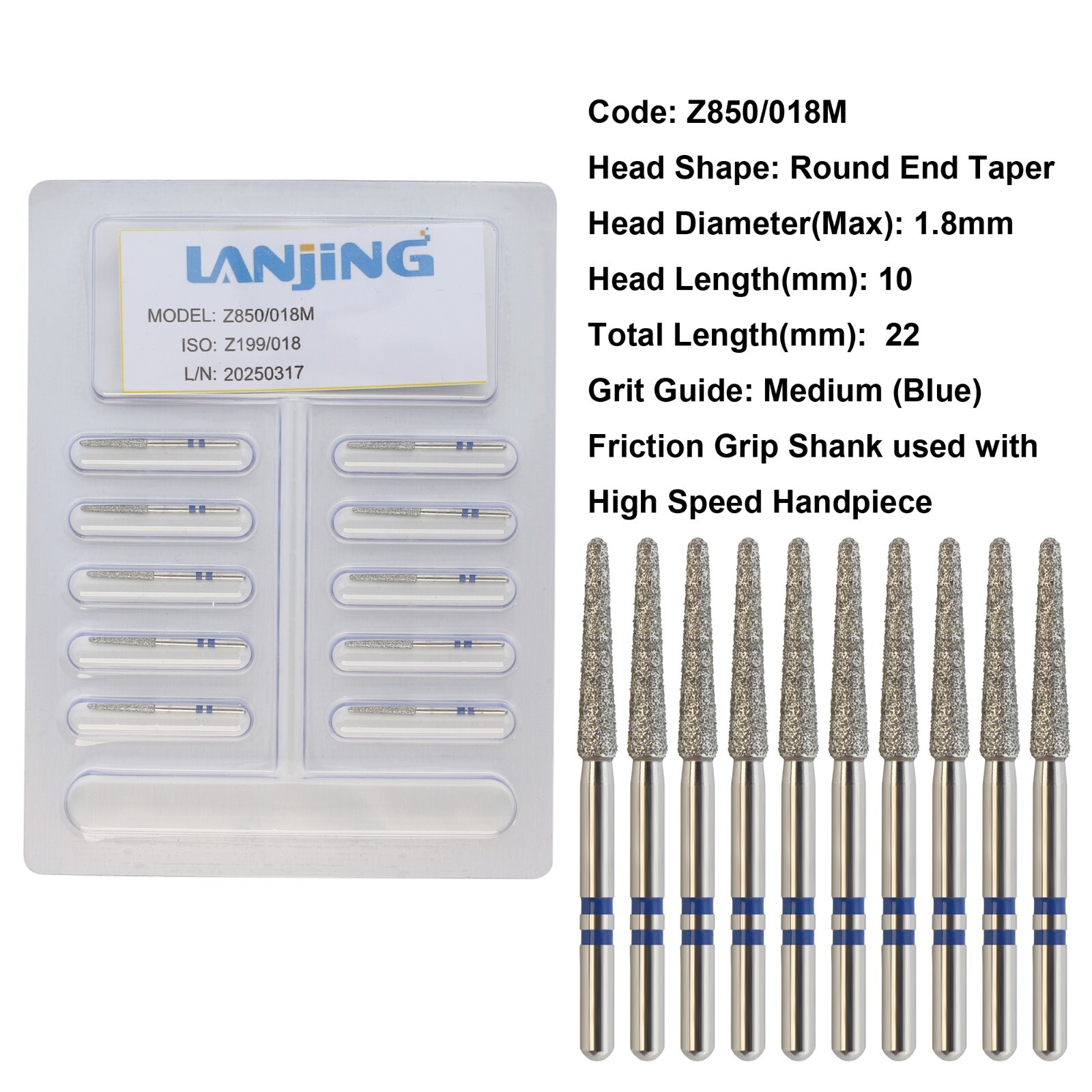 Dental Diamond Burs FrictionGrip Zirconia Adjustment Round End Taper Fine Medium