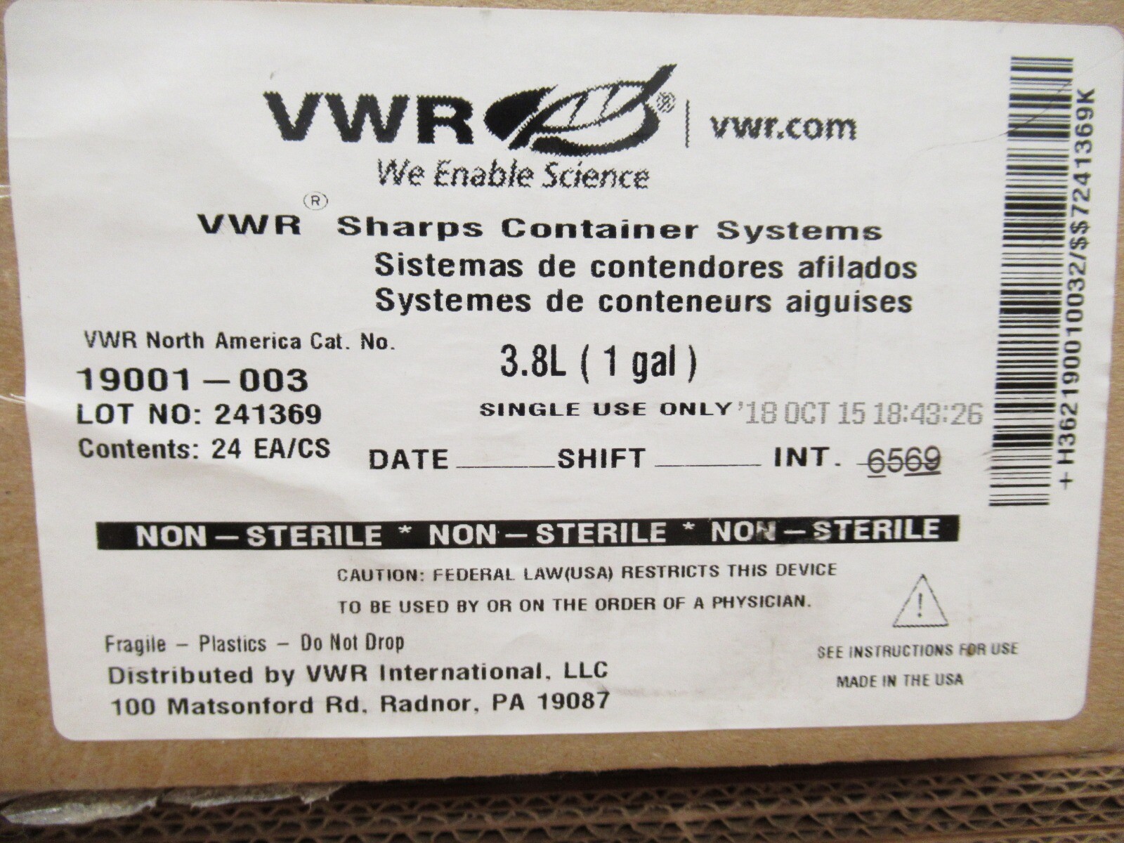 1 Case/24 VWR 19001-003 Sharps Container Systems 1 gal Red Stackable 10W×7D× 5″H