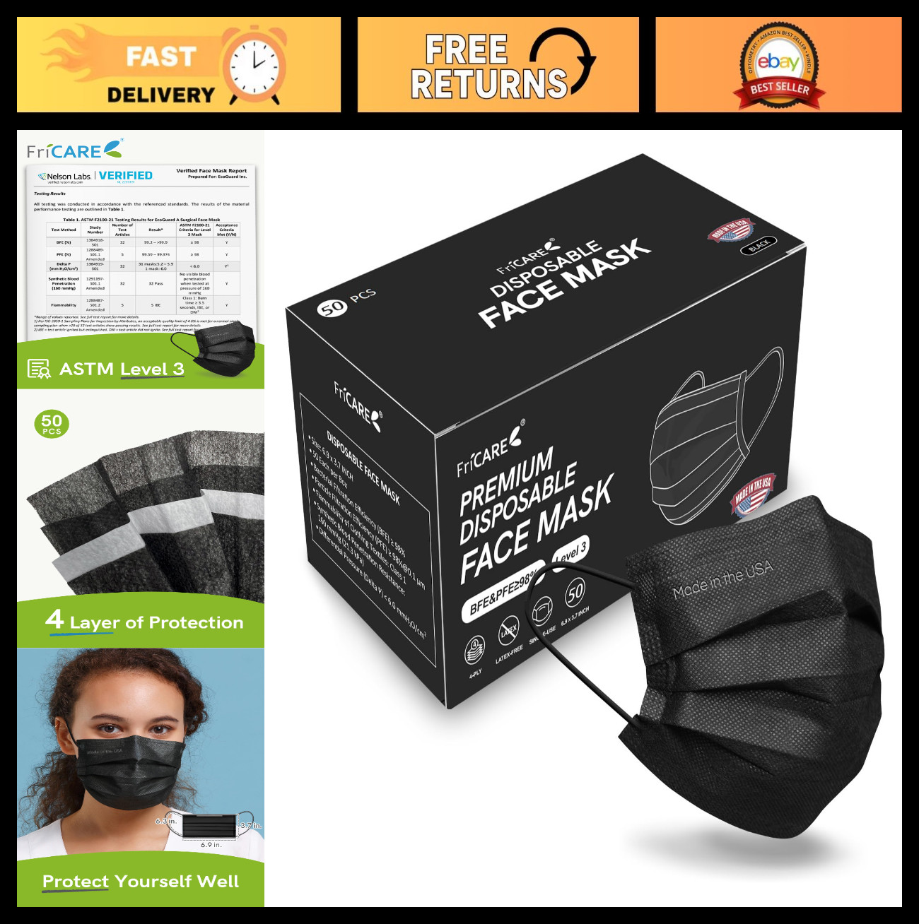 Disposable Face Masks 4-Ply ASTM Level 3 Medical Grade, Breathable Comfort, 50 P