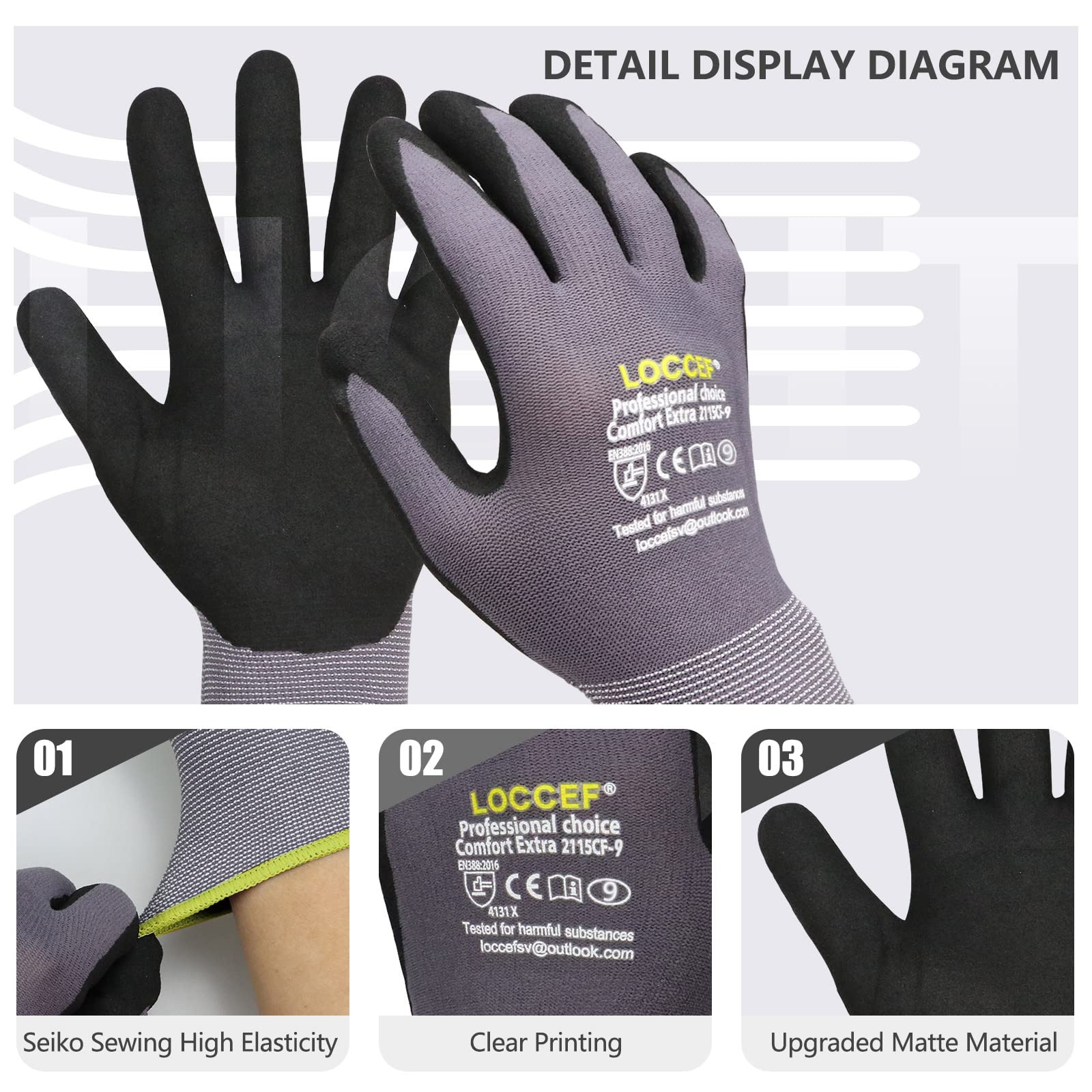 Loccef Work Gloves Microfoam Nitrile Coated-6 Pairsseamless Knit Nylon